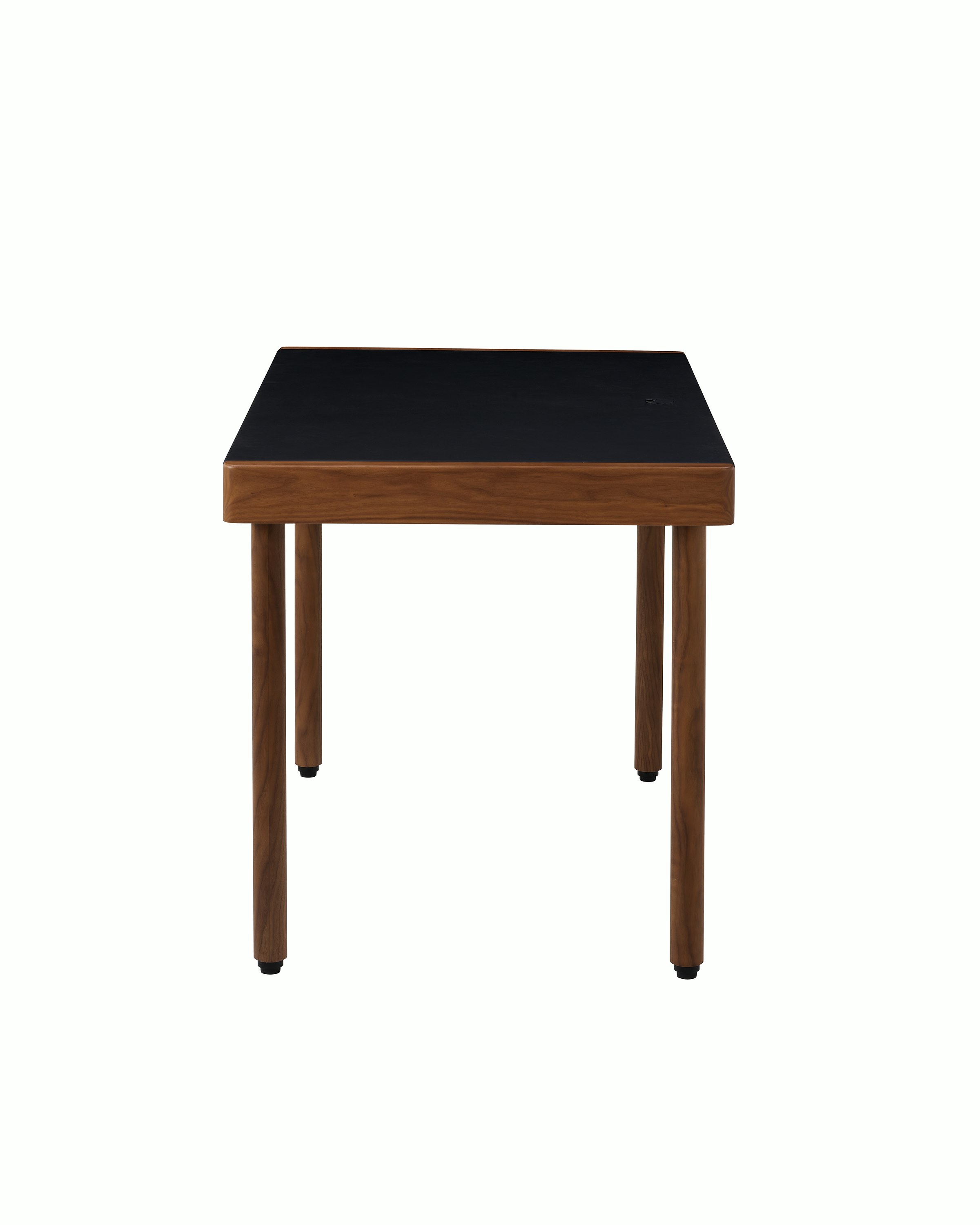 New Canaan Leatherwrap Sit-to-Stand Desk in Walnut and Black Leather, side view.