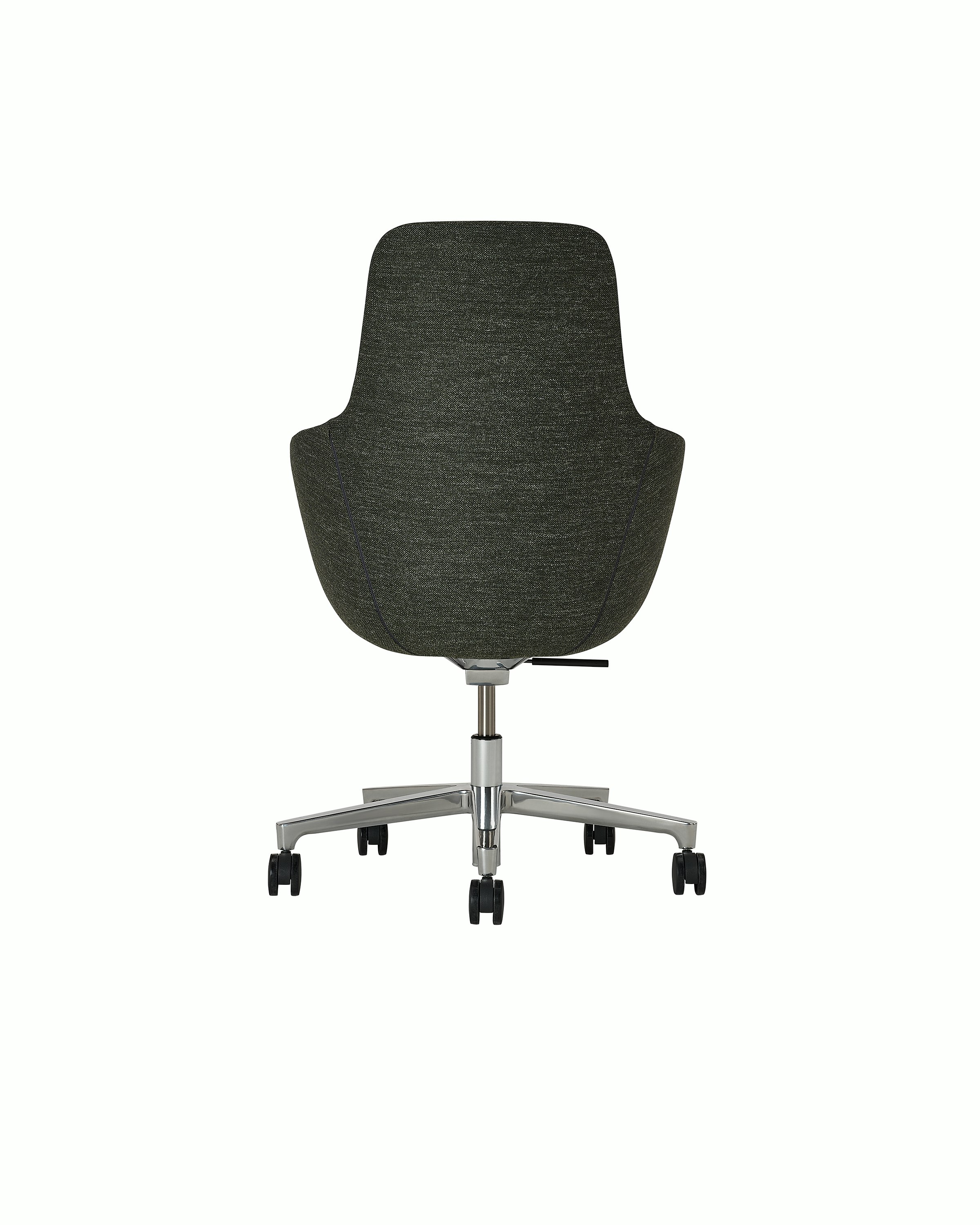 Saiba High Back Conference Chair designed by Naoto Fukasawa upholstered in Bellano in Black Green with a polished aluminum base, shown back-facing on a white sweep.