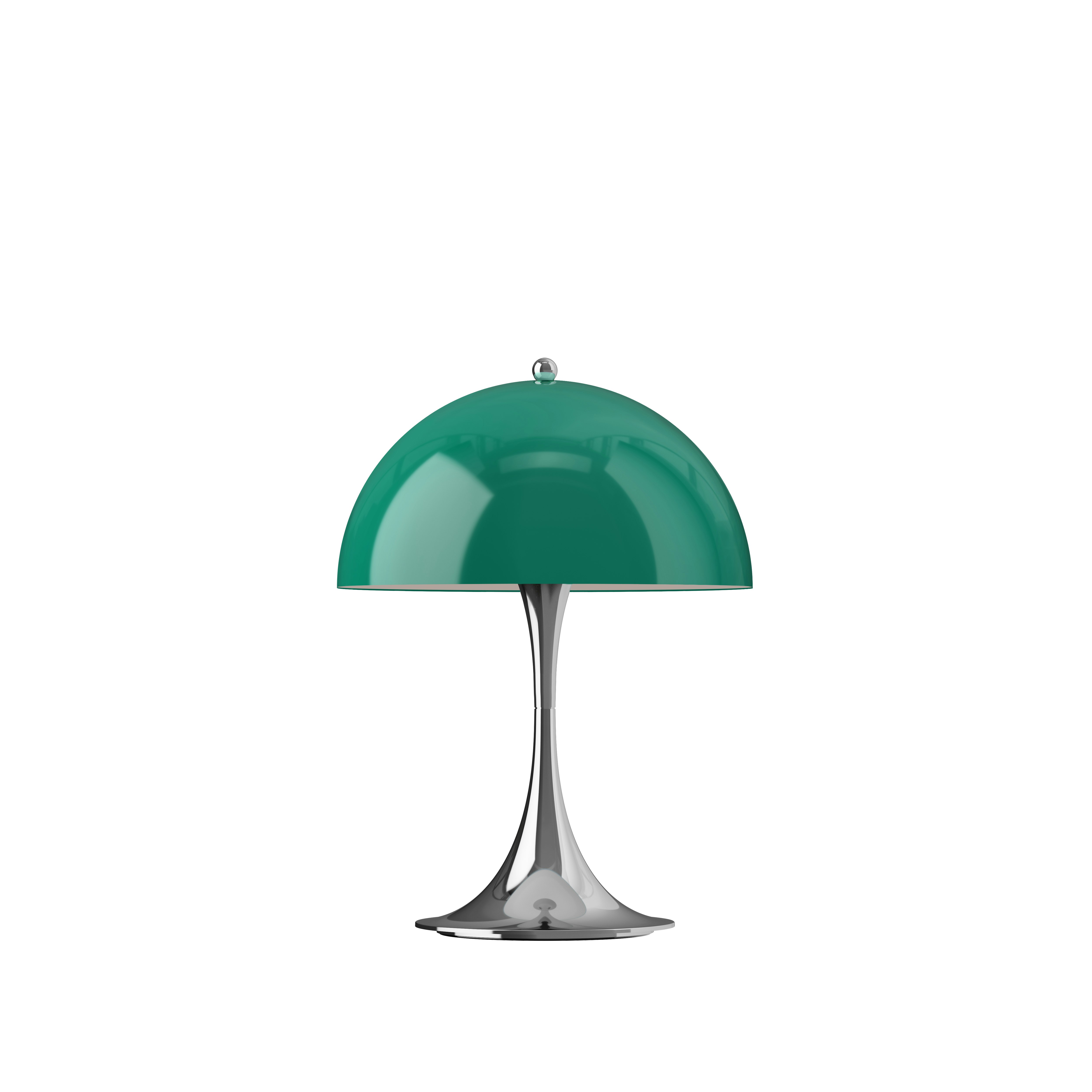 A Panthella Portable Lamp in Green viewed from the front.