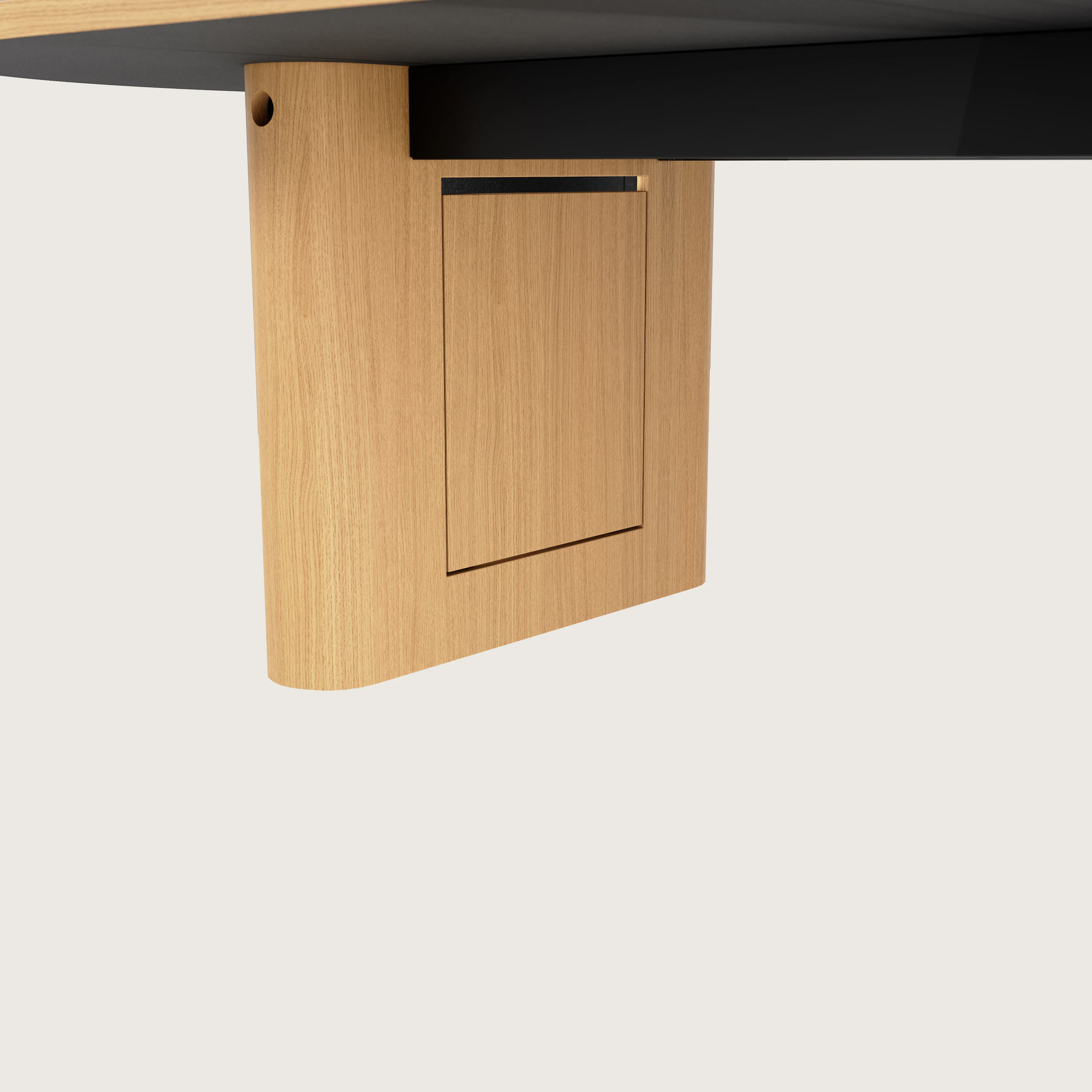 Detail shot of closed wire management leg on JD Conference Table in Natural Rift Cut Oak with a racetrack-shaped base.