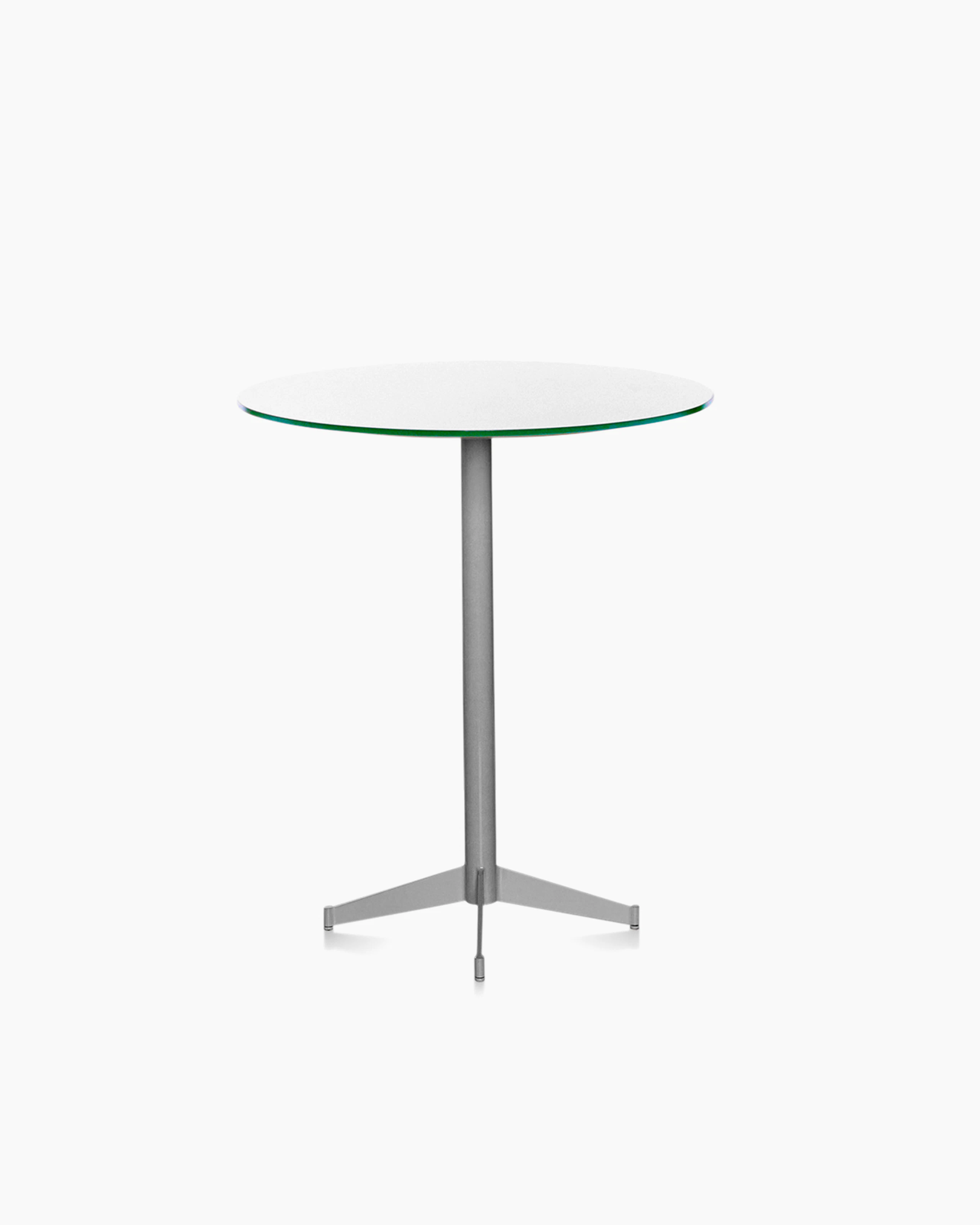 A café-height MP bistro table with a white back-painted glass top.