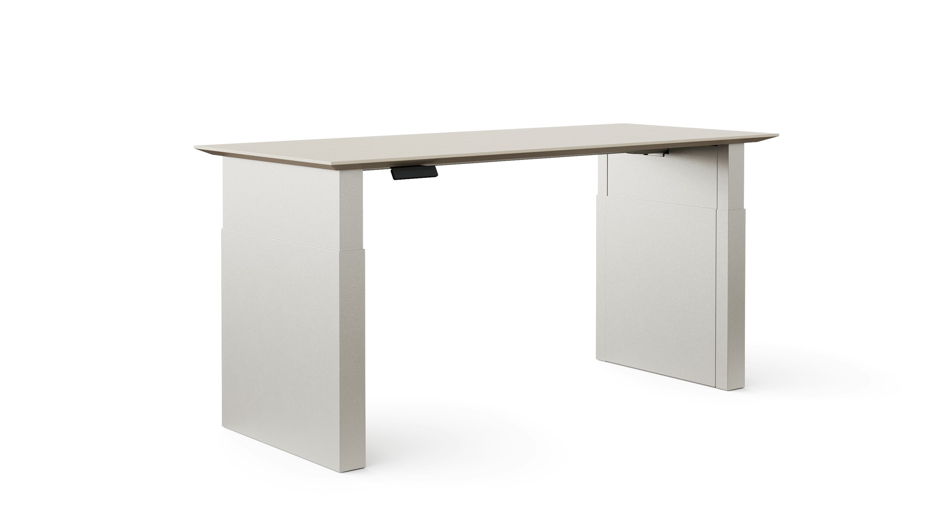 A height adjustable table with shrouded legs is shown in light finishes.