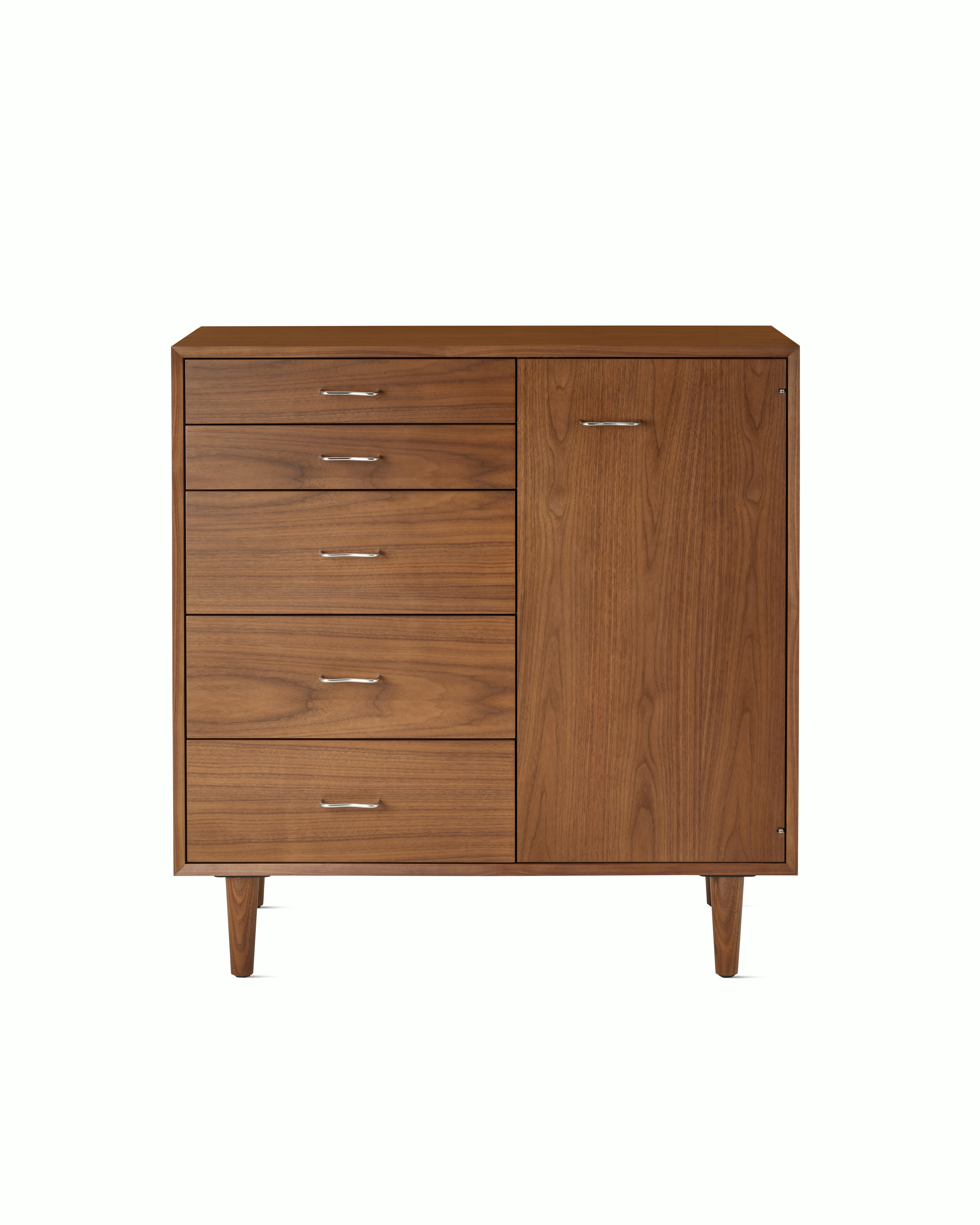 Nelson Basic Cabinet Series - 5-Drawer with Door - Walnut,  Wavy Pull,  Taper Leg