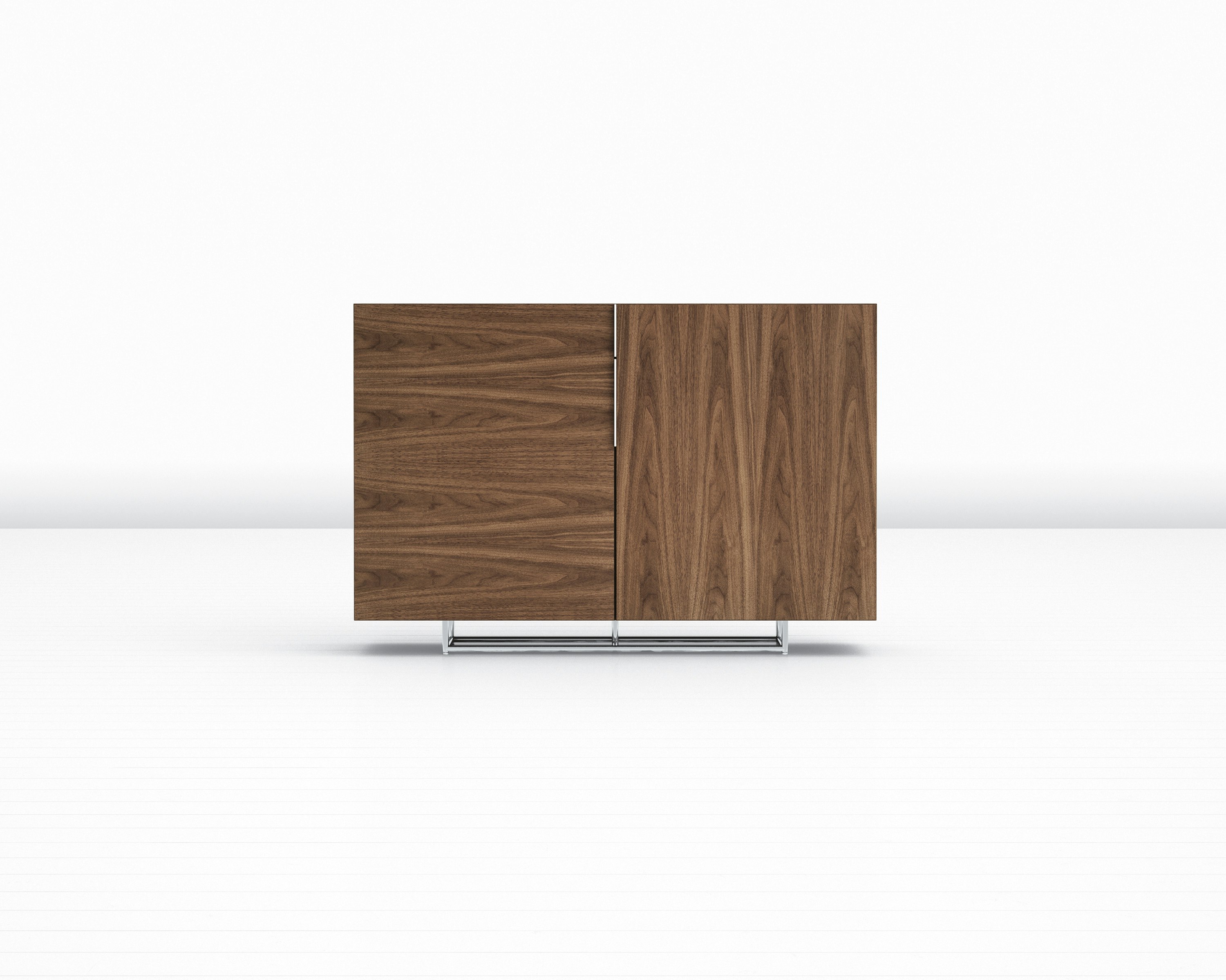 A Domino Storage sideboard with a medium wood finish and two doors with contrasting grain patterns.