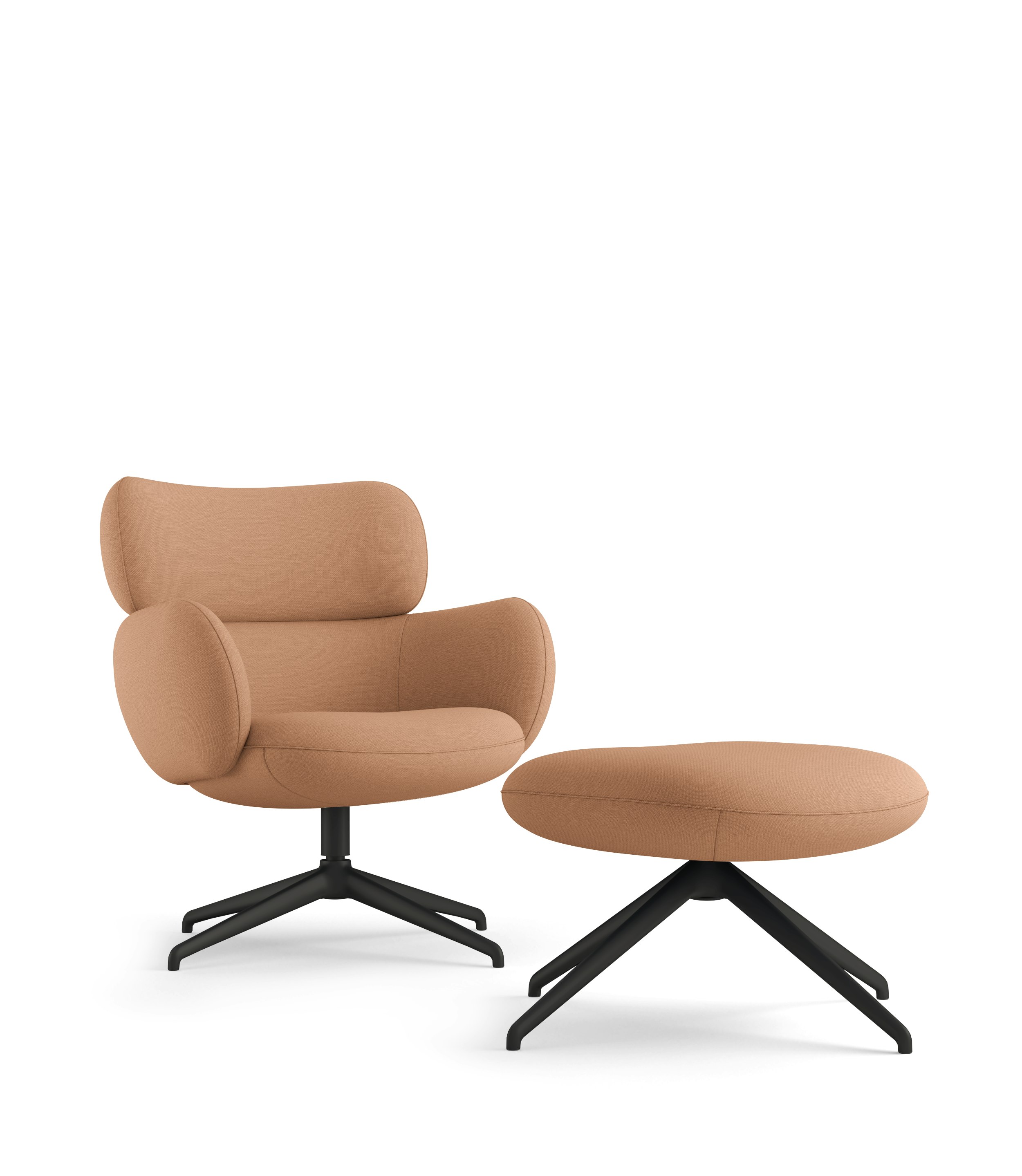 A Blis Swivel Chair and Ottoman - Black, Mode, Camel in  viewed from an angle.