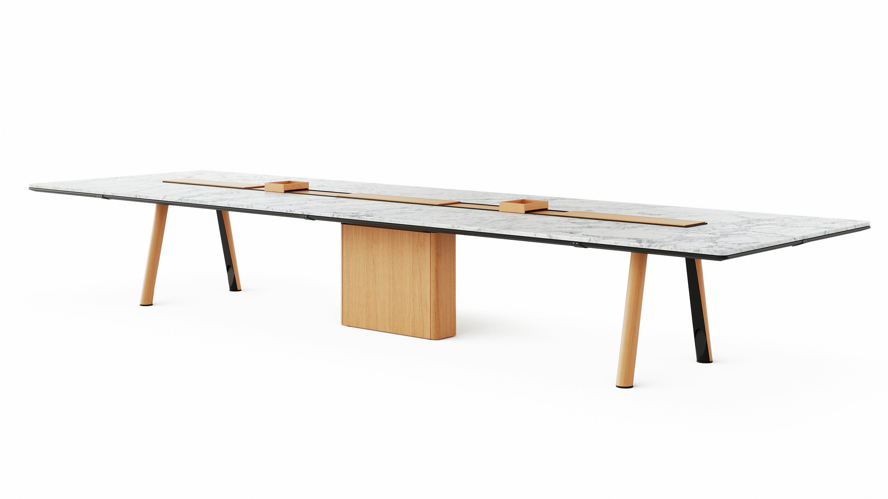 Ascent Conference Table designed by EOOS in White Carrara polished marble with natural rift cut oak base shown at an angle on a white sweep.