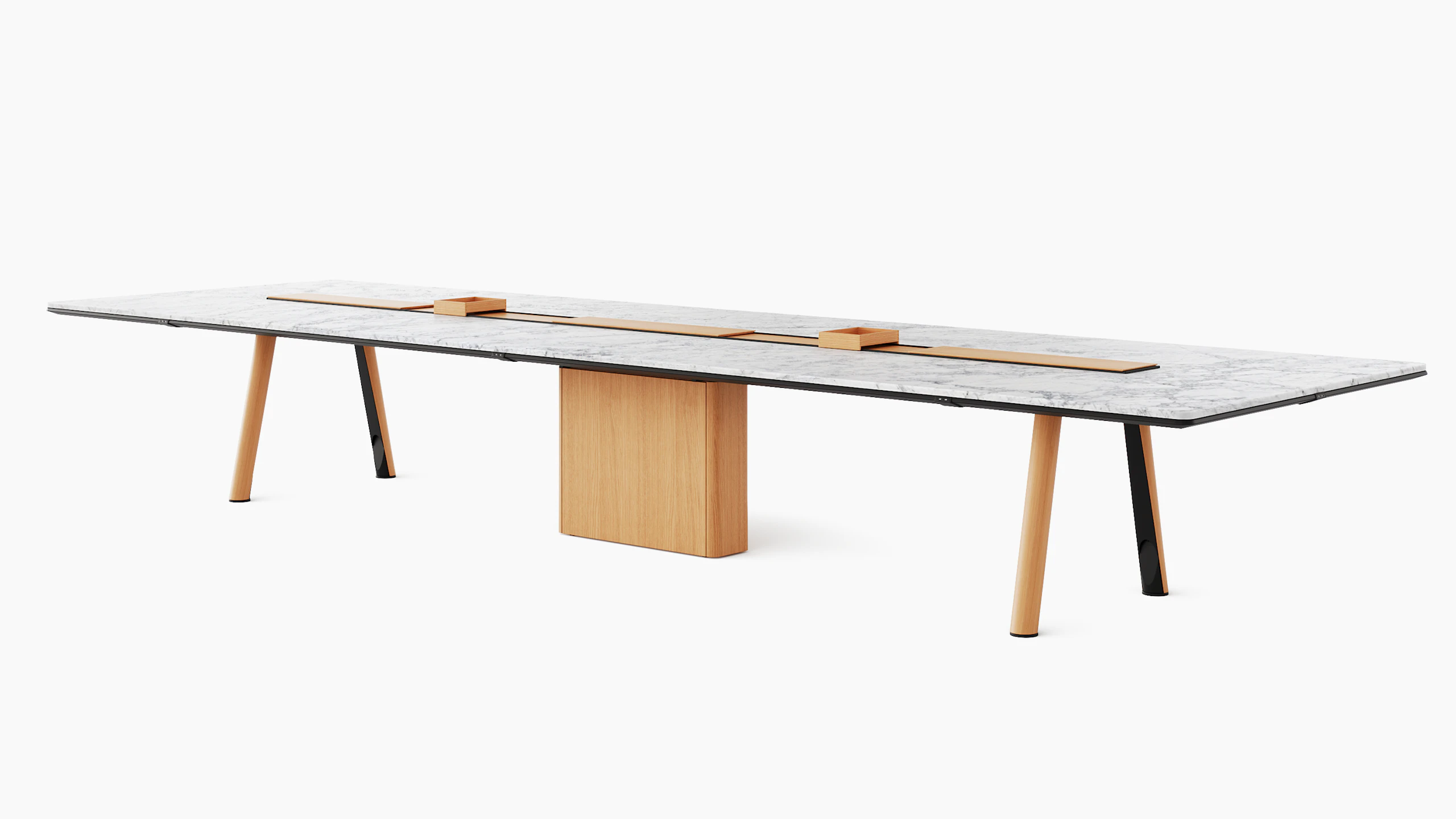 Ascent Conference Table designed by EOOS in White Carrara polished marble with natural rift cut oak base shown at an angle on a white sweep.