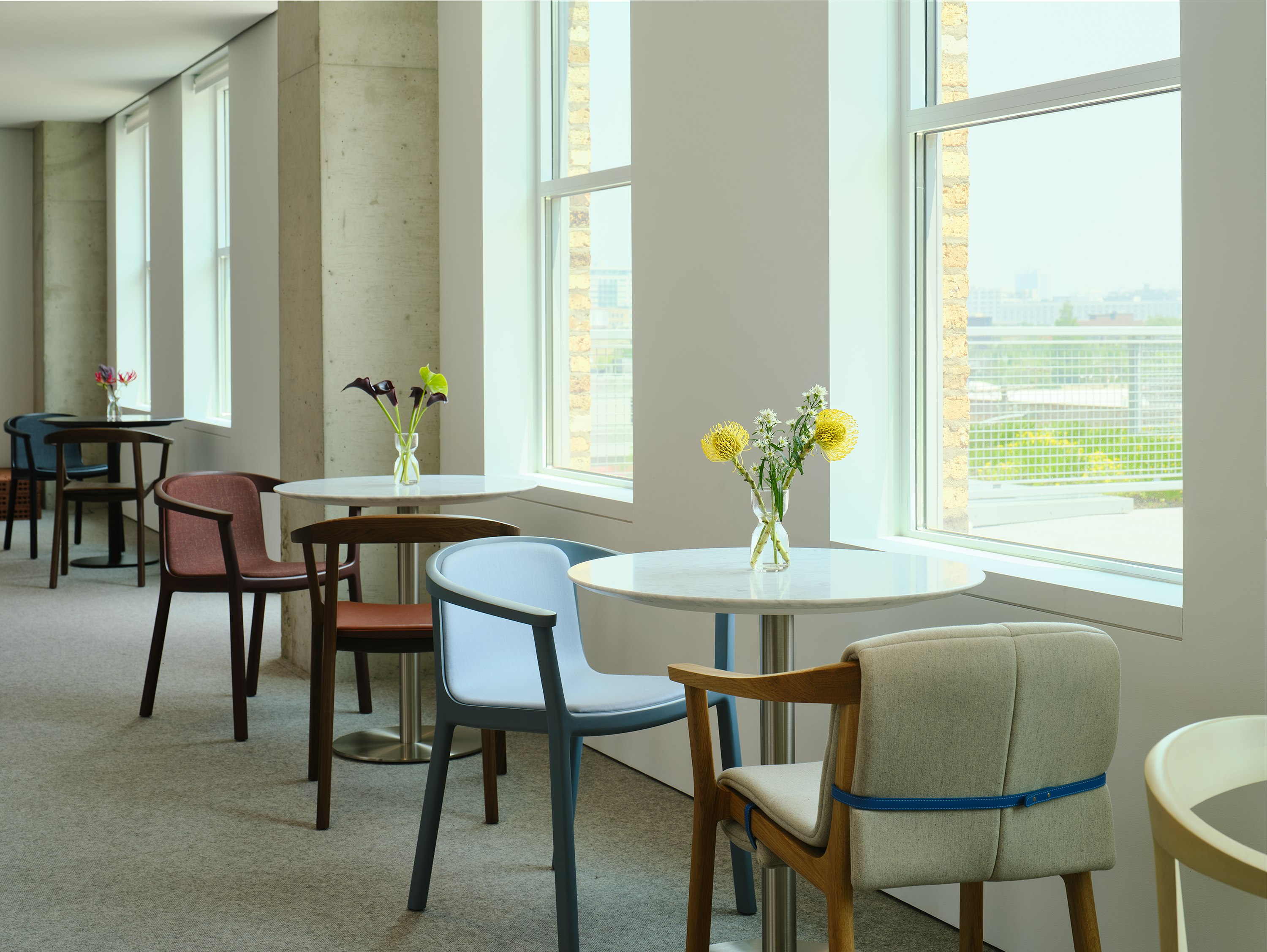 Collection of Lijn Side Chairs and Armchairs designed by Carole Baijings for Geiger in assorted finishes shown at an angle in a café setting.