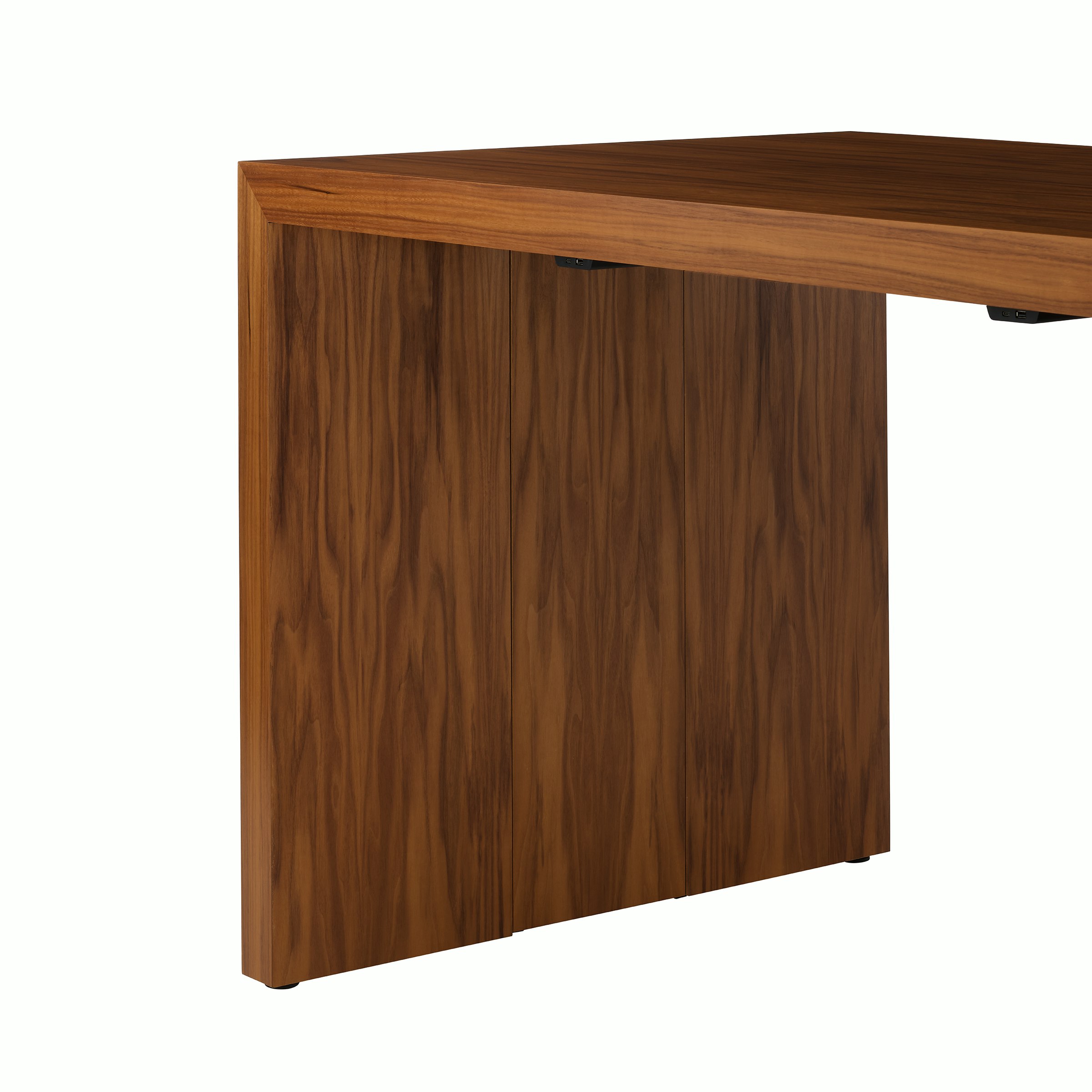 JD Waterfall Table in Walnut Bar Height, side detail view.
