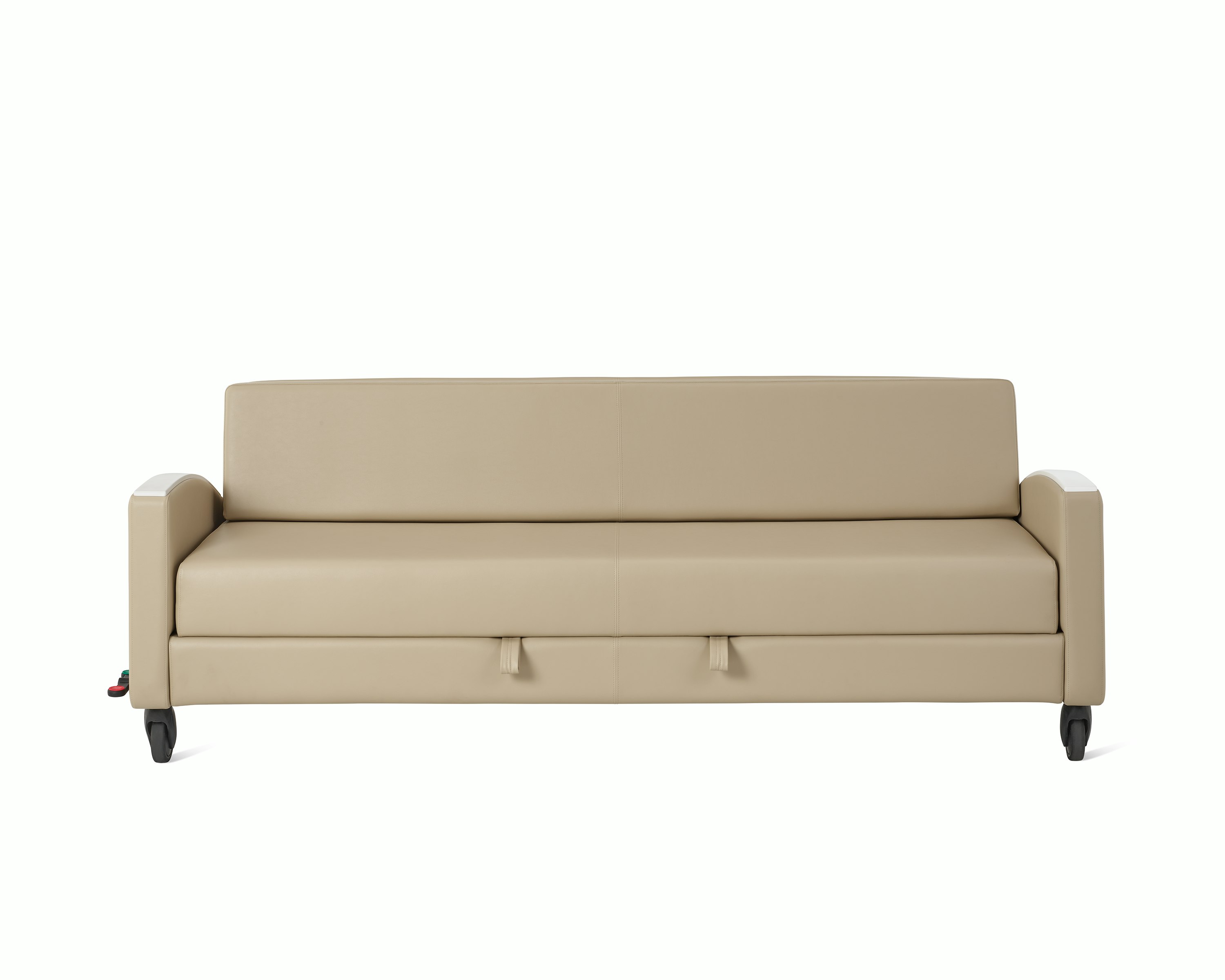 Gemma Double Sleep Sofa with central brake and steer casters and curved armrests. Viewed from the front.