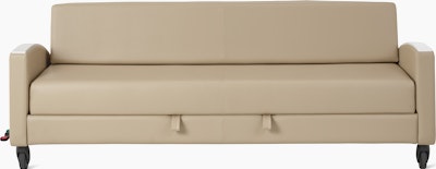 Gemma Double Sleep Sofa with central brake and steer casters and curved armrests. Viewed from the front.