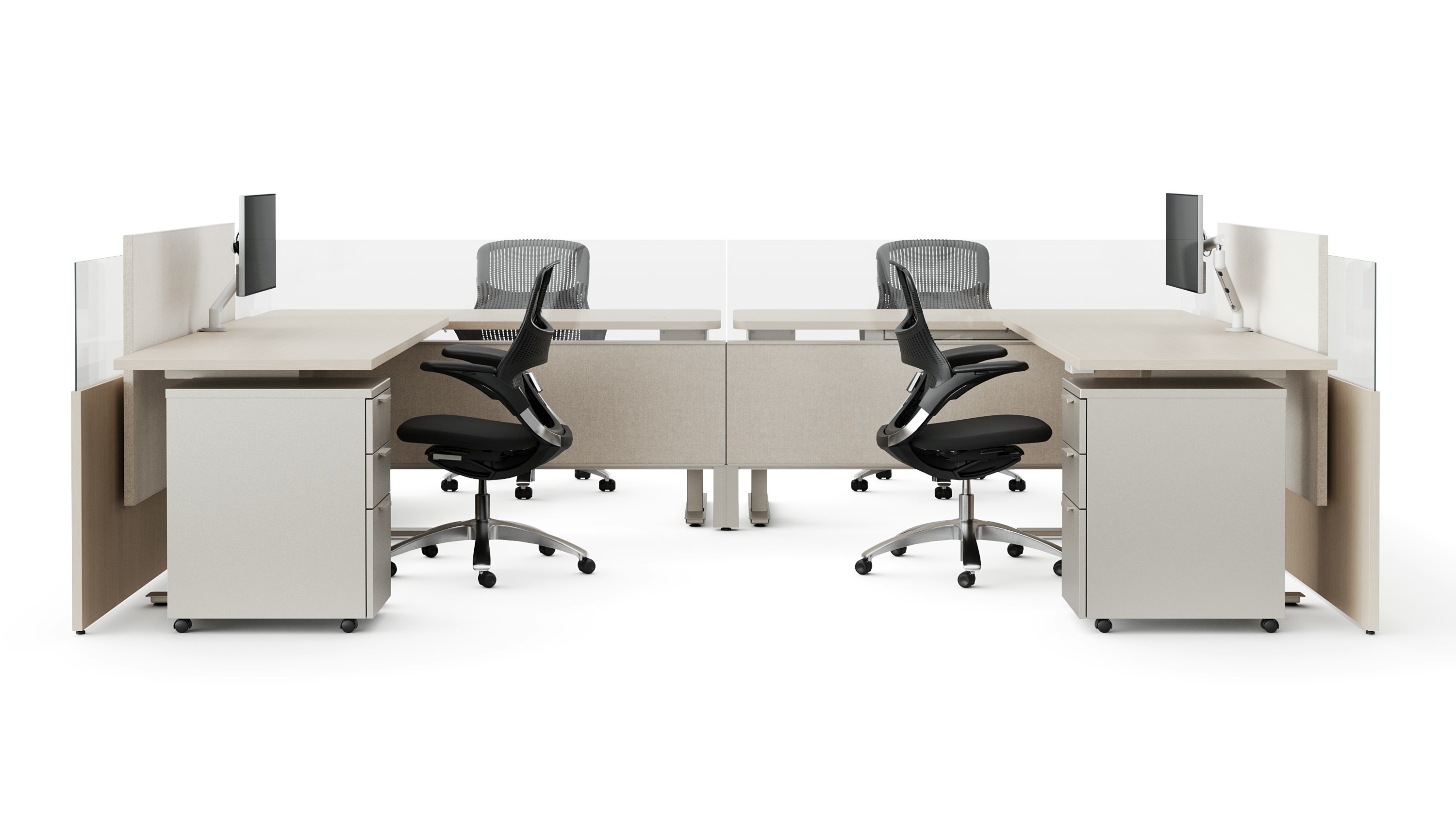 A group of workstations in a light color veneer are shown straight on.