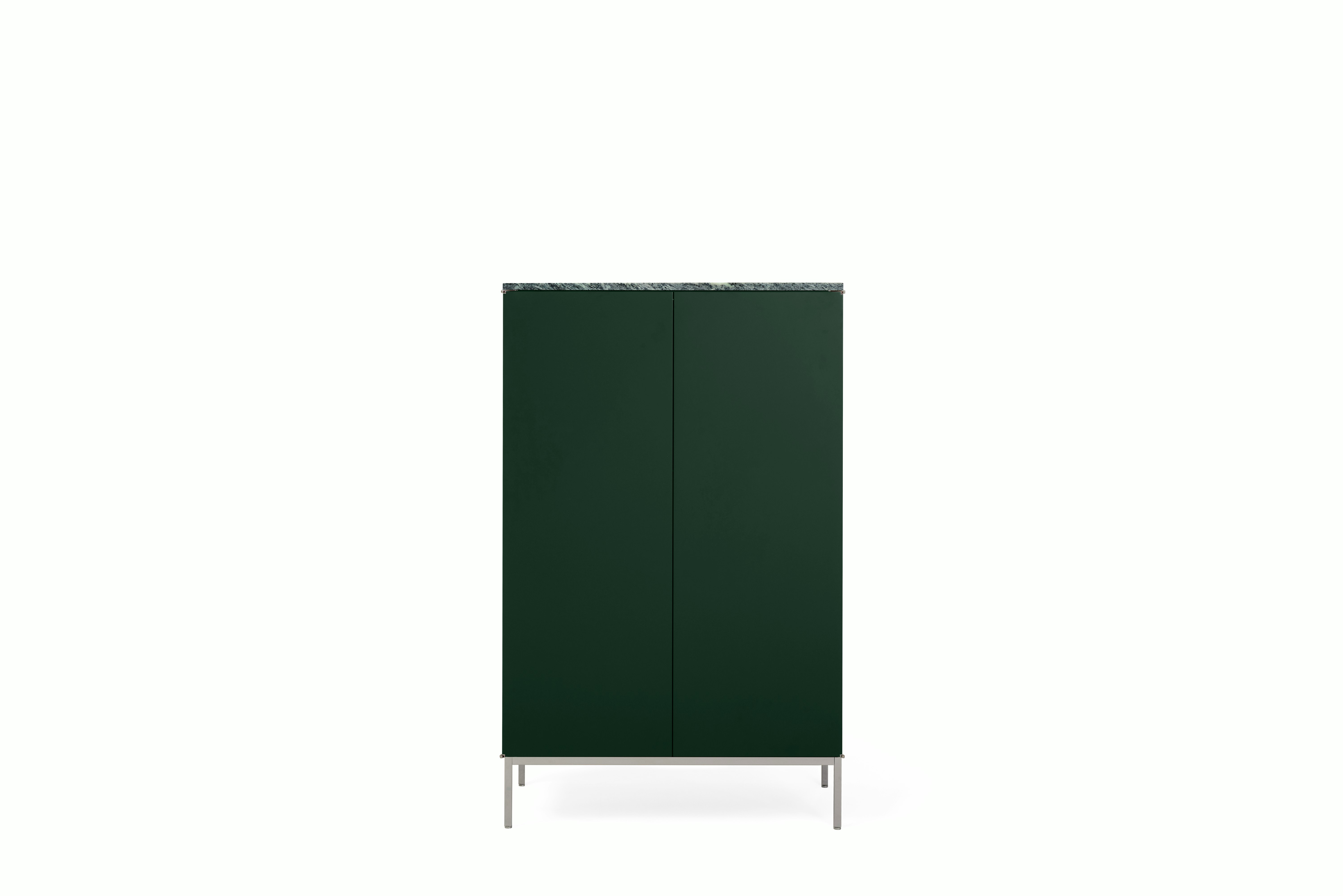 A Knoll Chermayeff Bar Cabinet in Dark Python Lacquer, Verdi Alpi Satin Coated Marble viewed from the front.