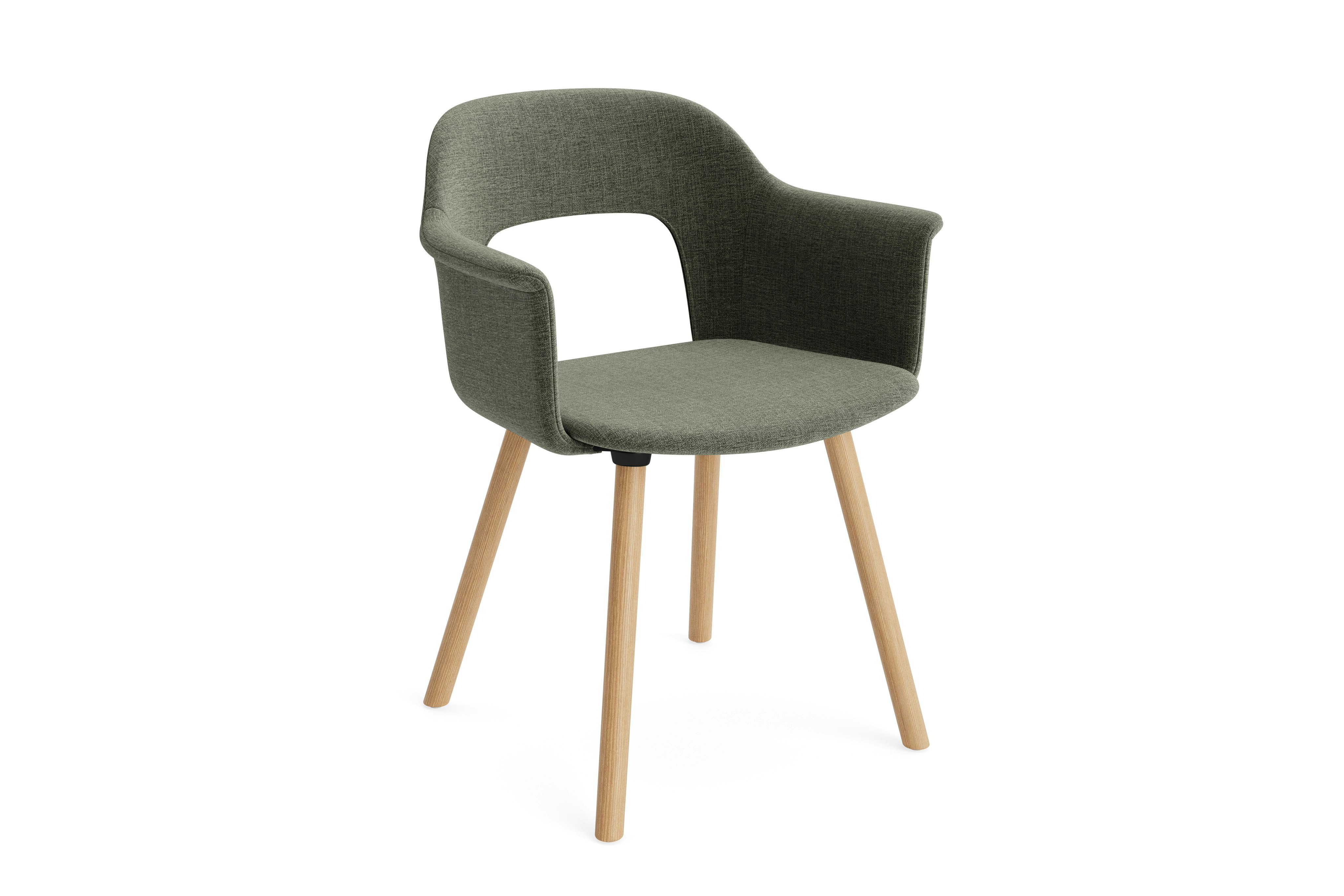 Upholstered armchair on 4 wood legs, angle view
