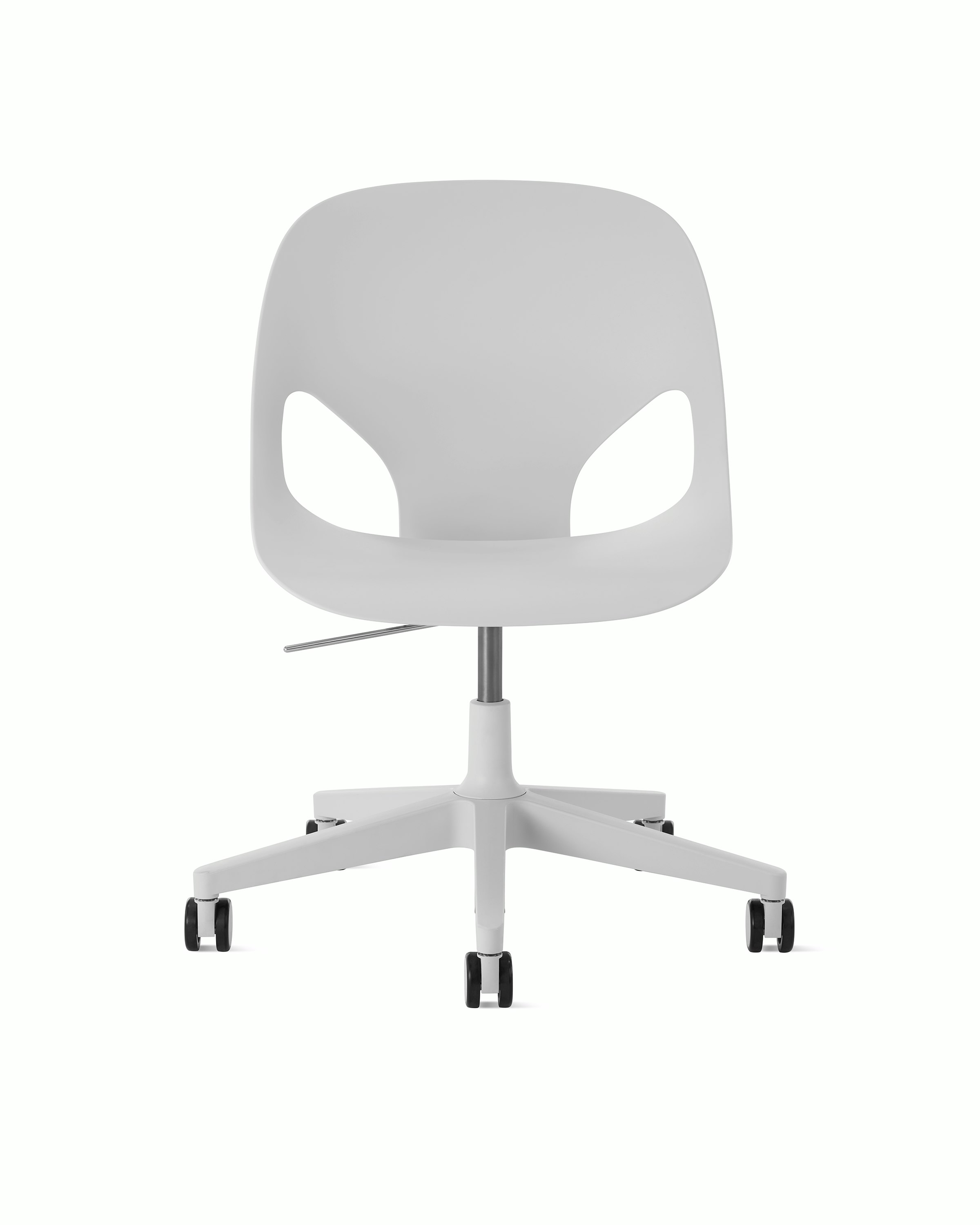 Front view of a light grey armless Zeph chair.