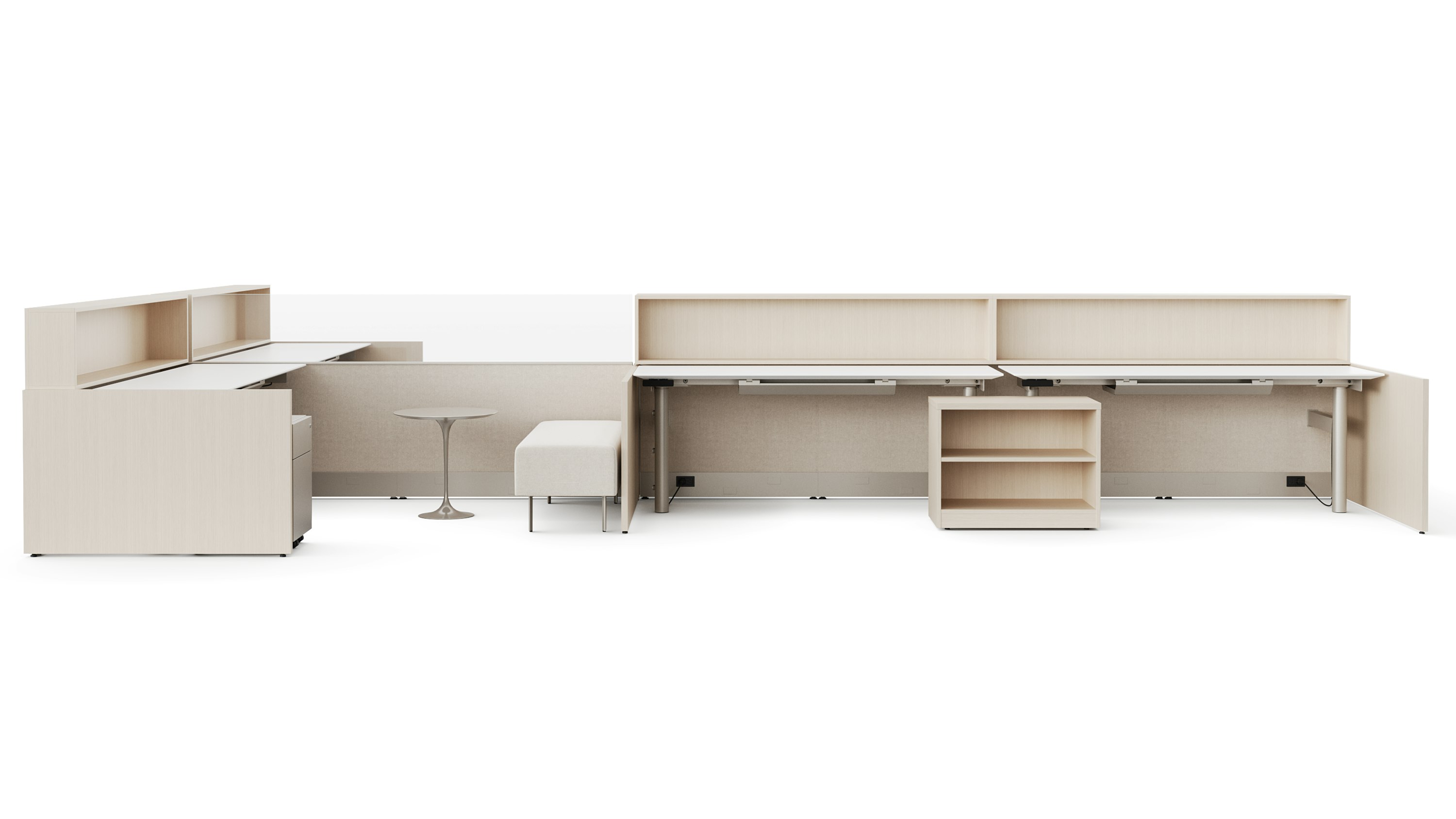 Rendering of a group of workstations in a light color veneer viewed straight on. In front of one of the workstations is a guest bench with a little side table.