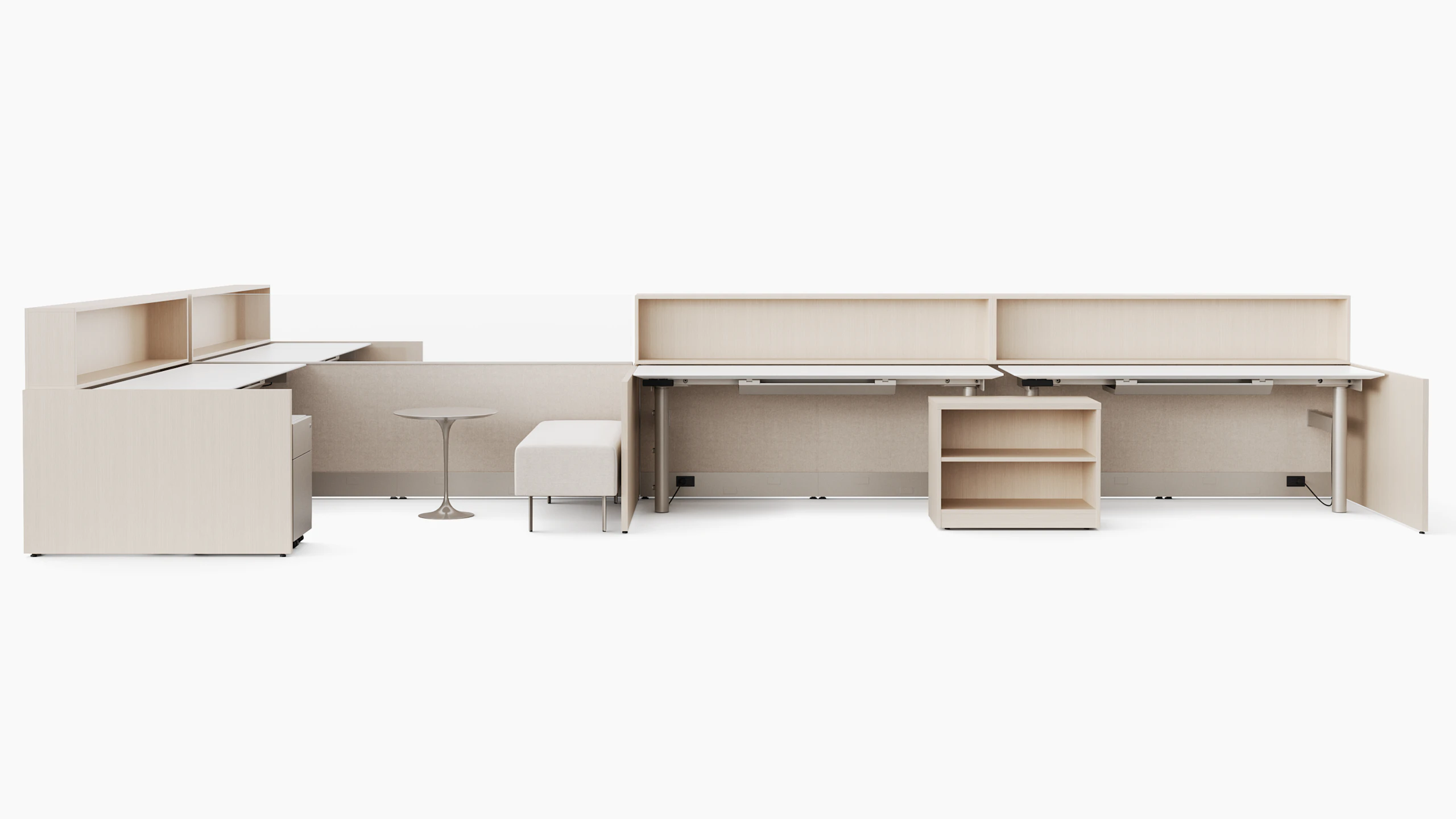 Rendering of a group of workstations in a light color veneer viewed straight on. In front of one of the workstations is a guest bench with a little side table.