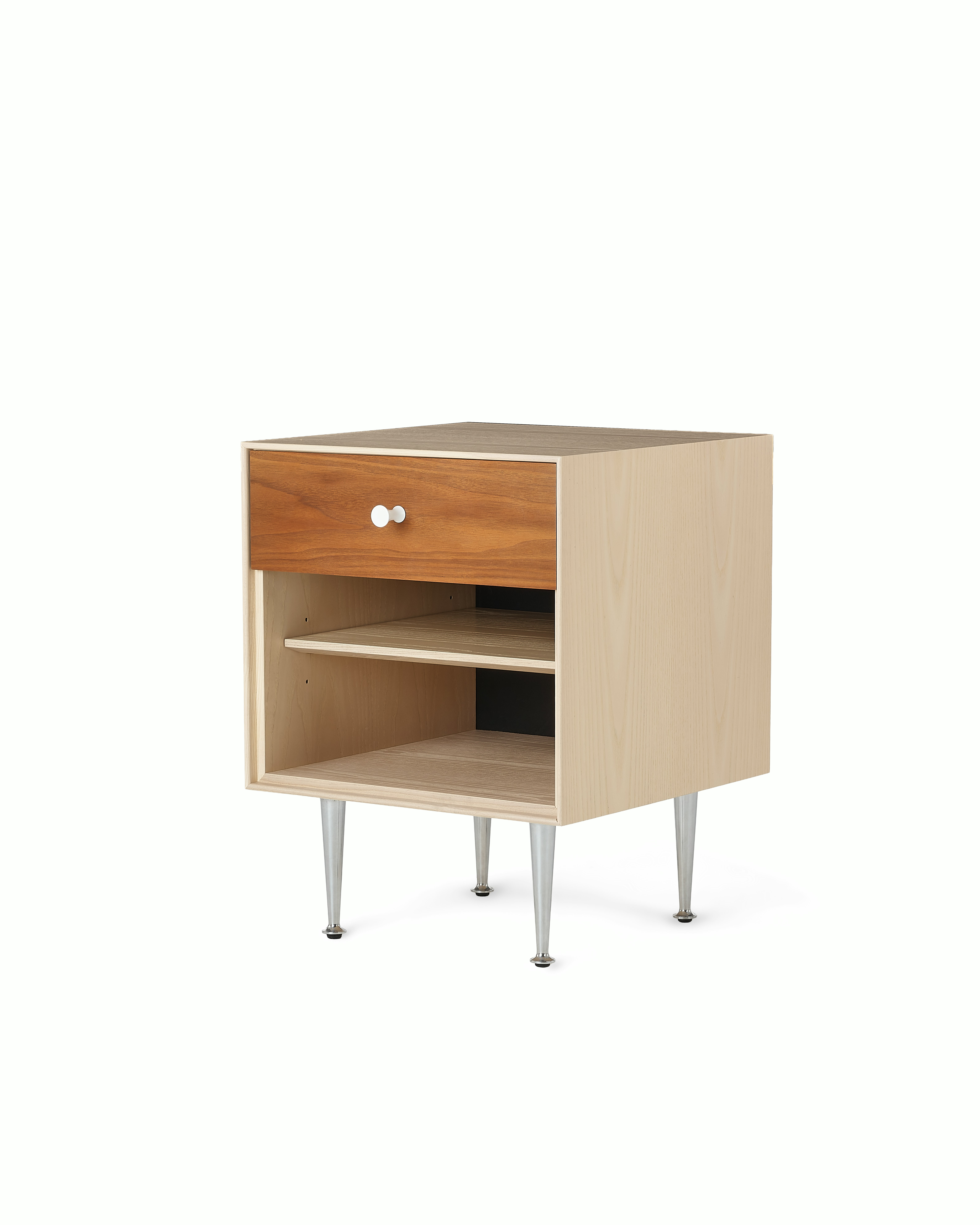A Nelson Thin Edge Bedside Table in walnut white viewed from an angle.