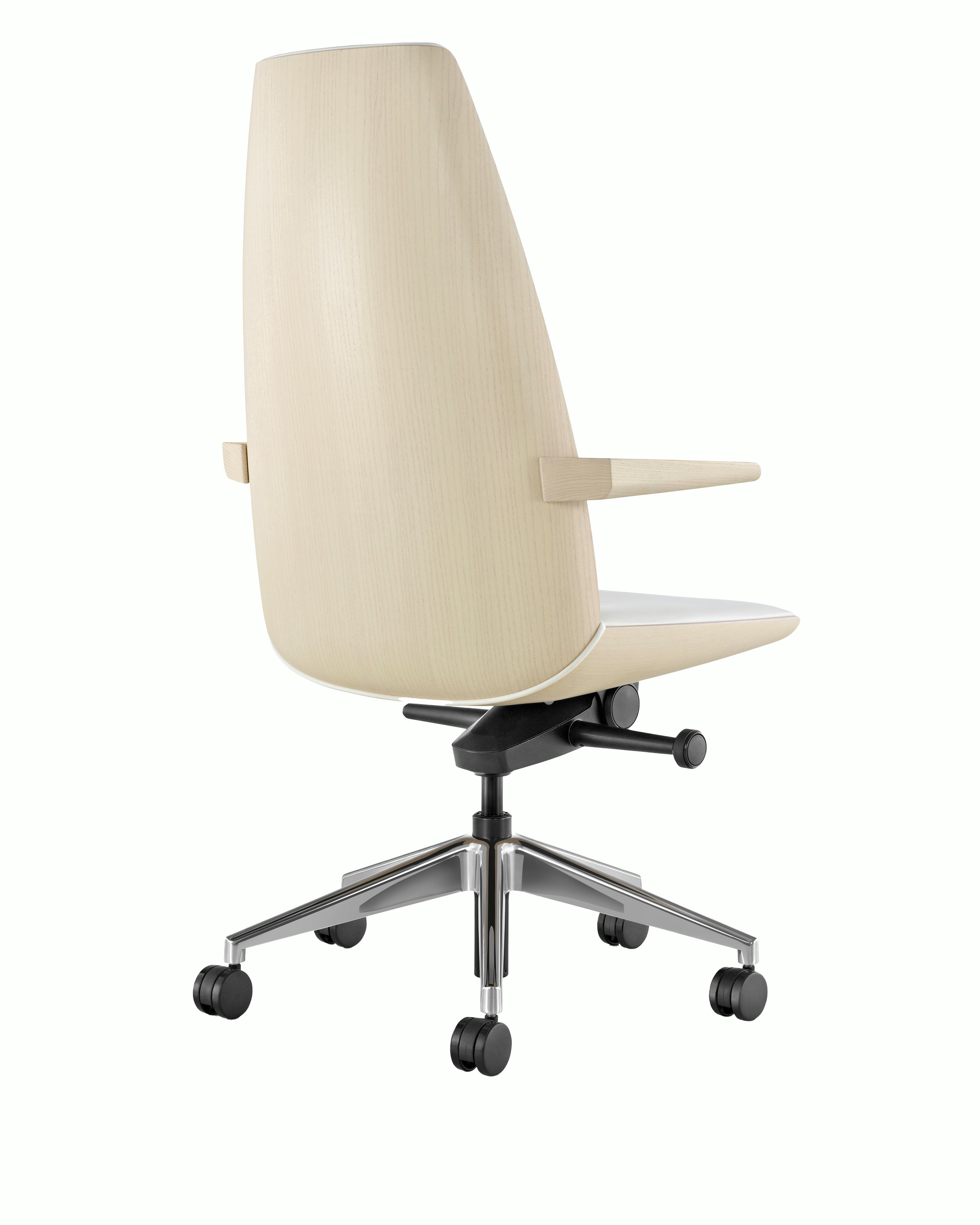 Angled view of a high-back Clamshell Conference chair with arms and off-white leather upholstery and light-ash shell.