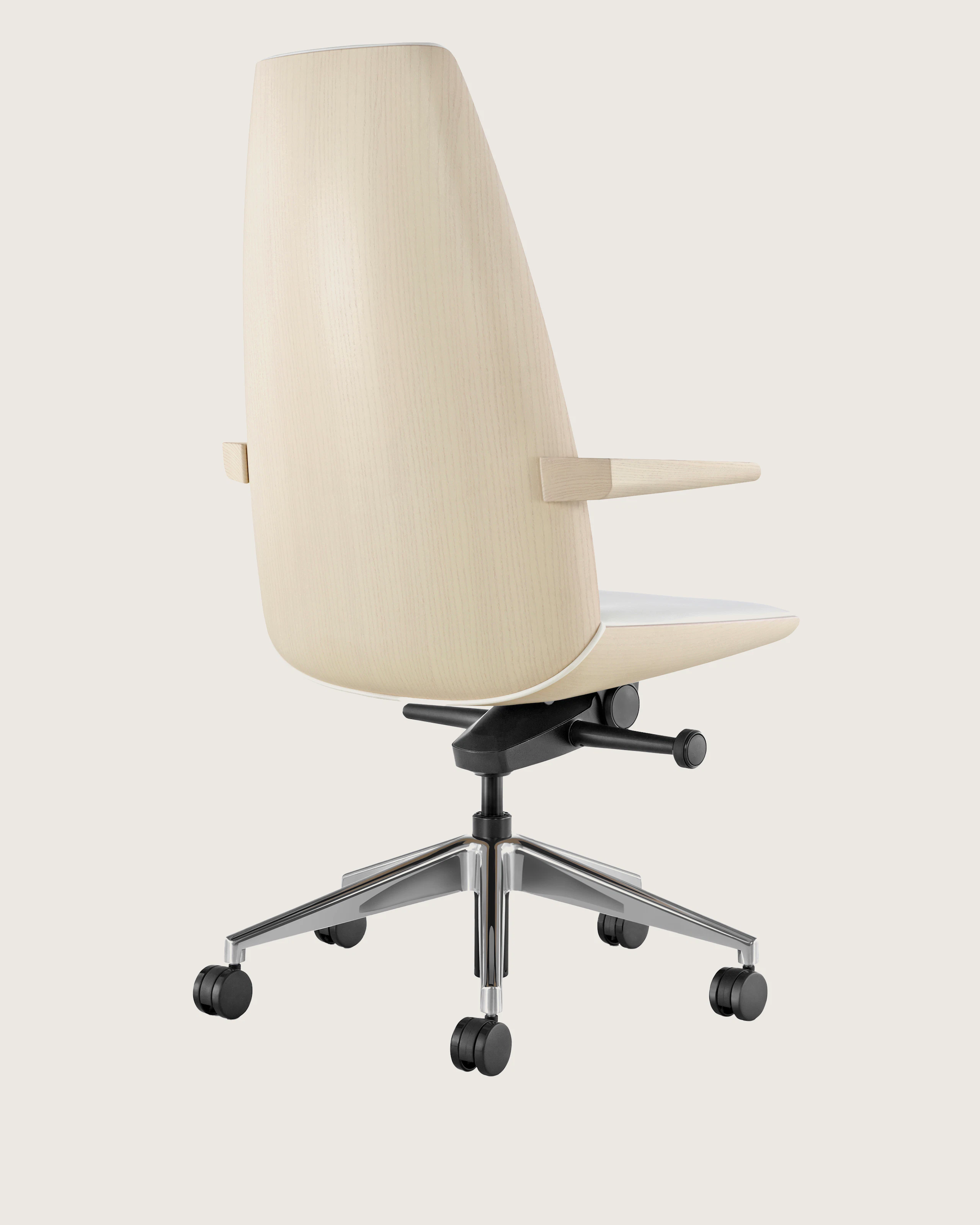 Angled view of a high-back Clamshell Conference chair with arms and off-white leather upholstery and light-ash shell.