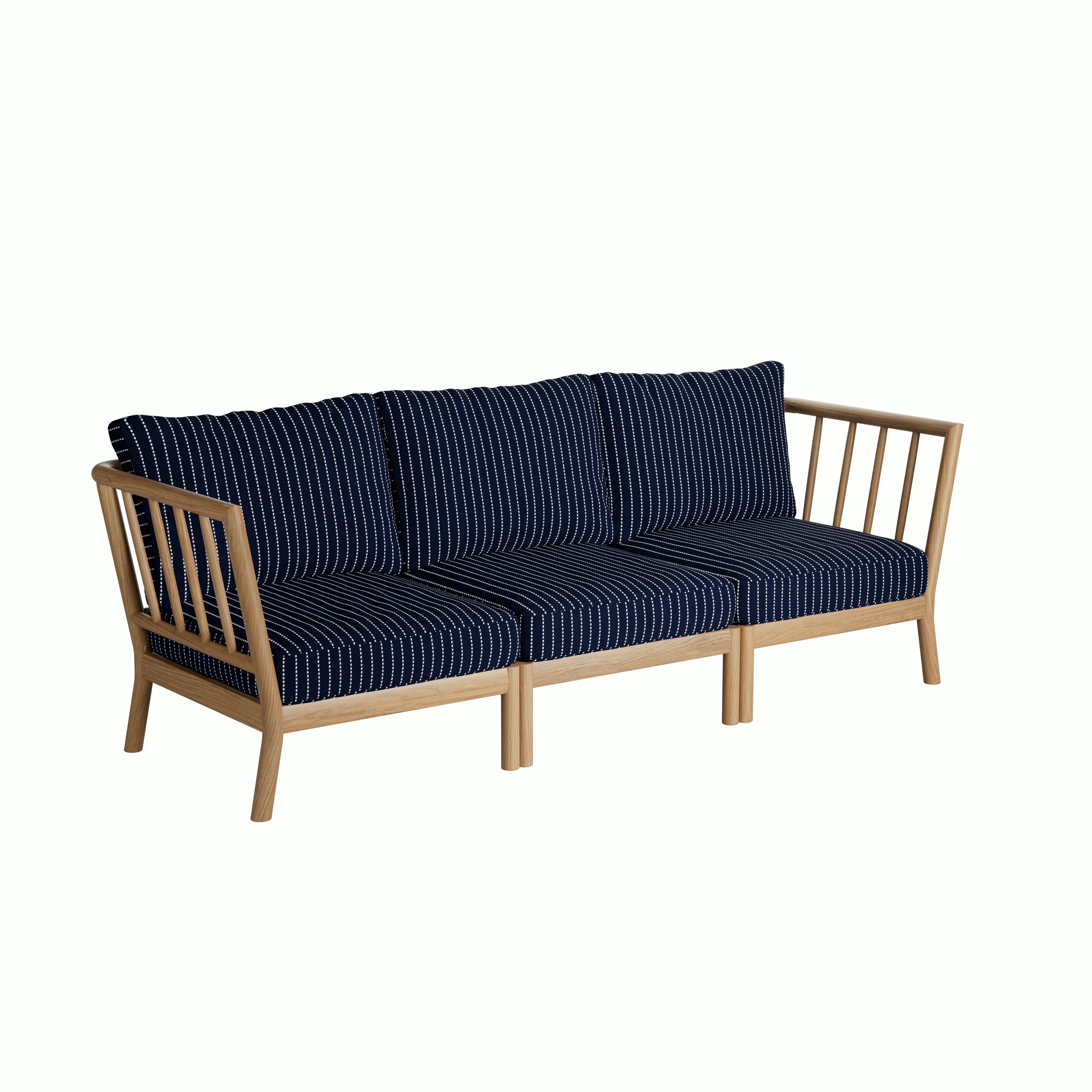 A Tradition Outdoor Three Seater Sofa in Blue viewed from an angle.