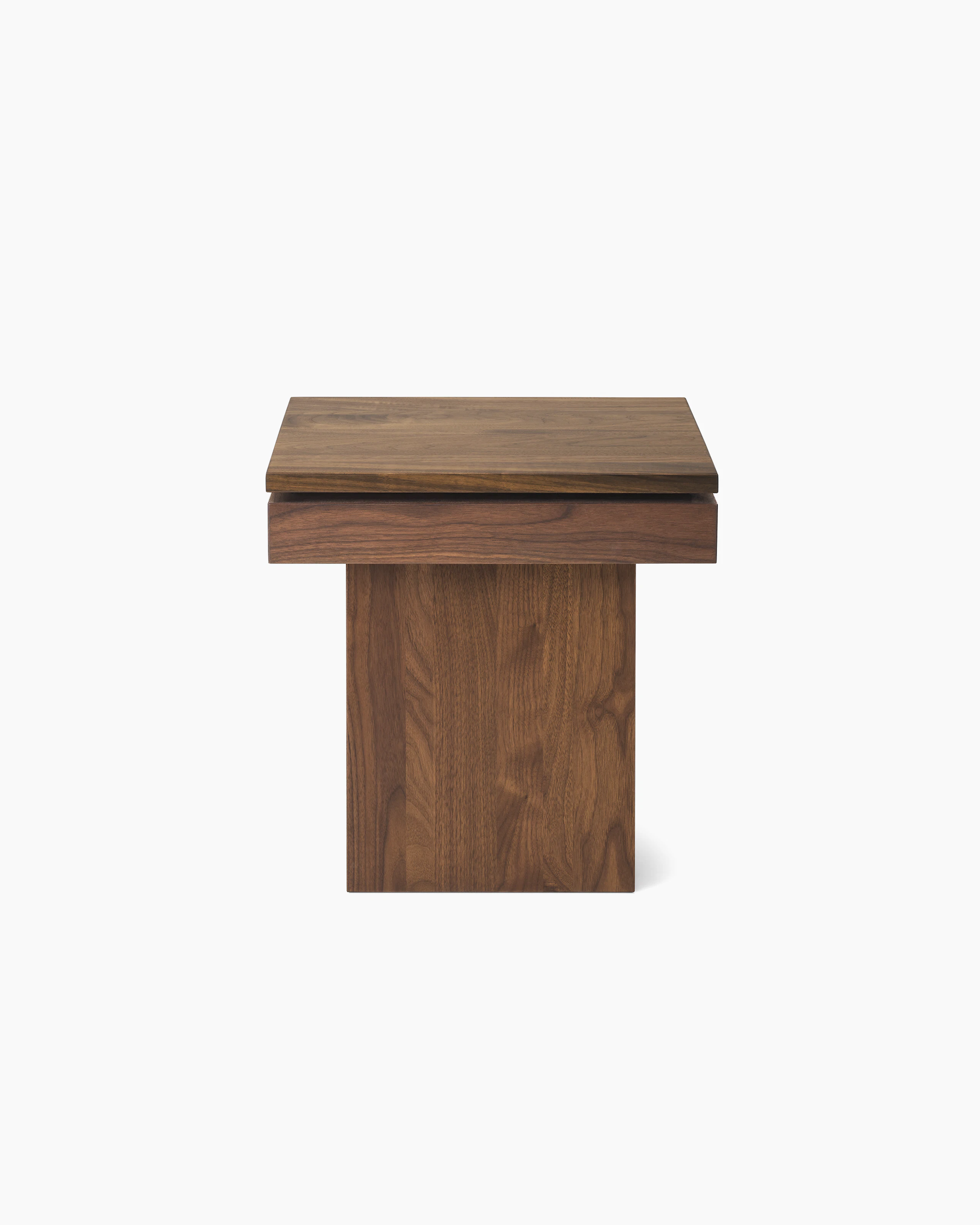Pawson Drift Side Table with walnut base and top, viewed from the front.