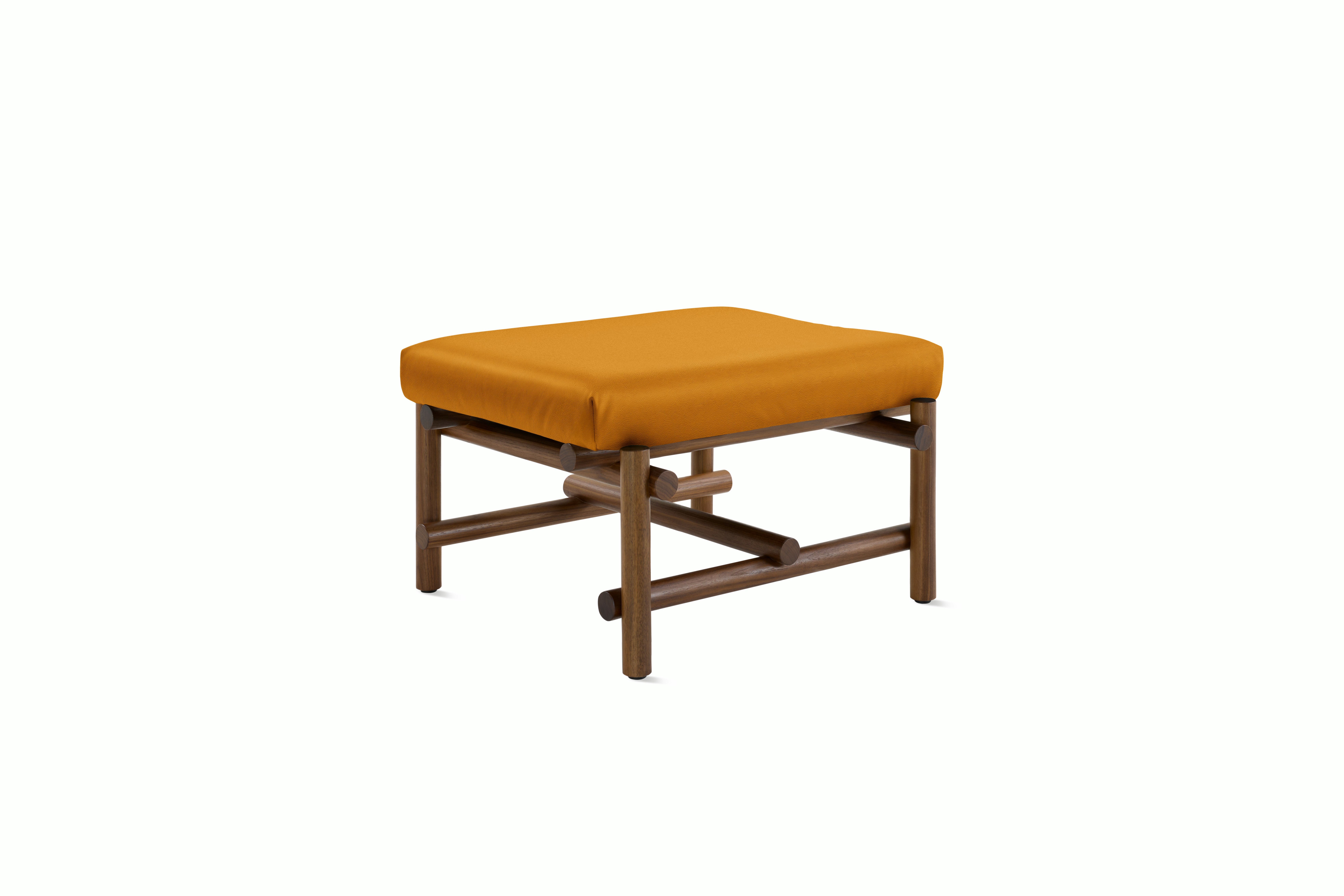 A Muecke Ottoman in Yellow Pixel Walnut viewed from an angle.
