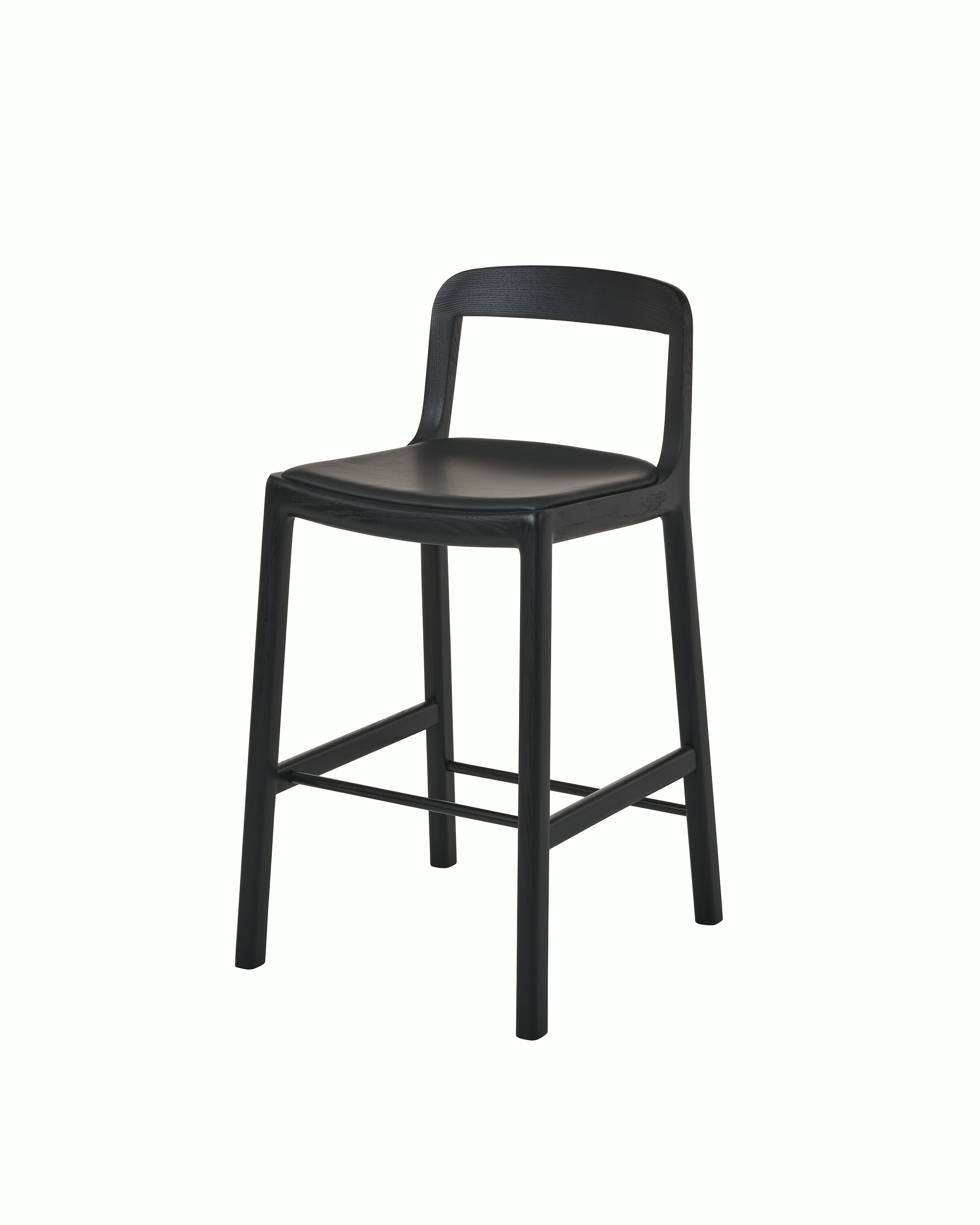 Lijn Stool by Carole Baijings for Geiger in Ebonized Oak frame upholstered with Maharam Prone Leather in Obsidian, angled front view on a white sweep.
