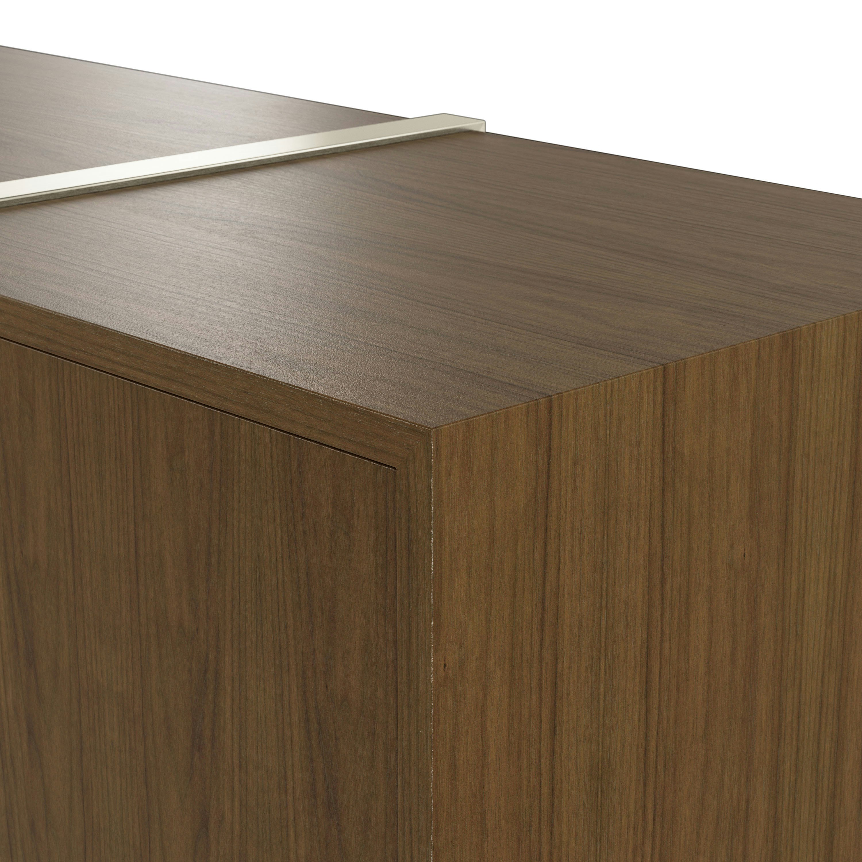 Edge detail shot of Highline Credenza in Natural Flat Cut Walnut with Satin Nickel Legs.