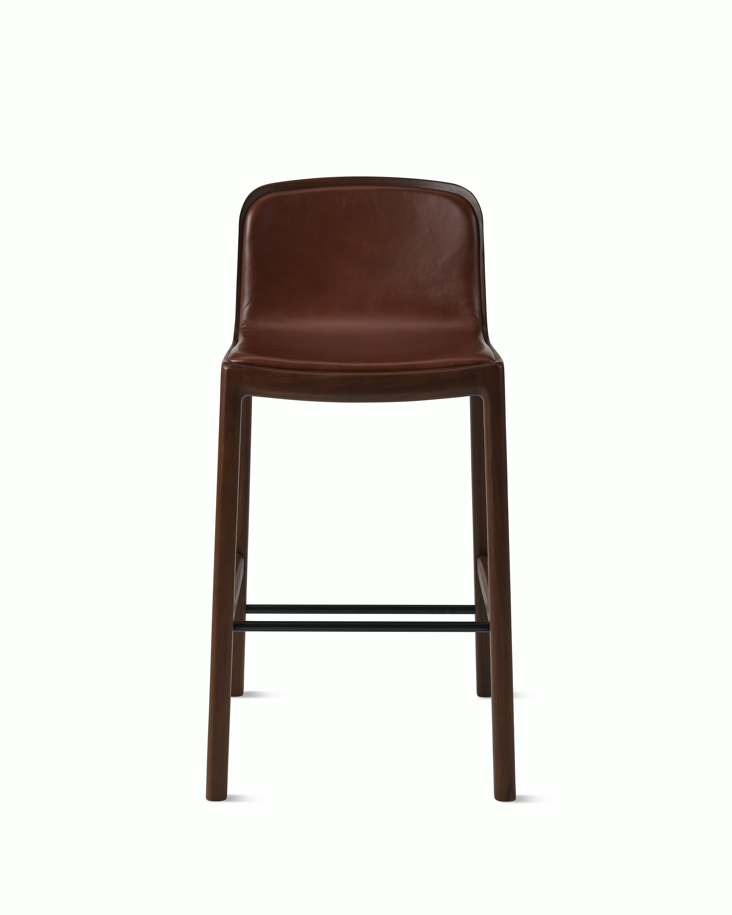Lijn Stool by Carole Baijings for Geiger in Persian Walnut frame upholstered with Maharam Hue Leather in Bittersweet, front view on a white sweep.
