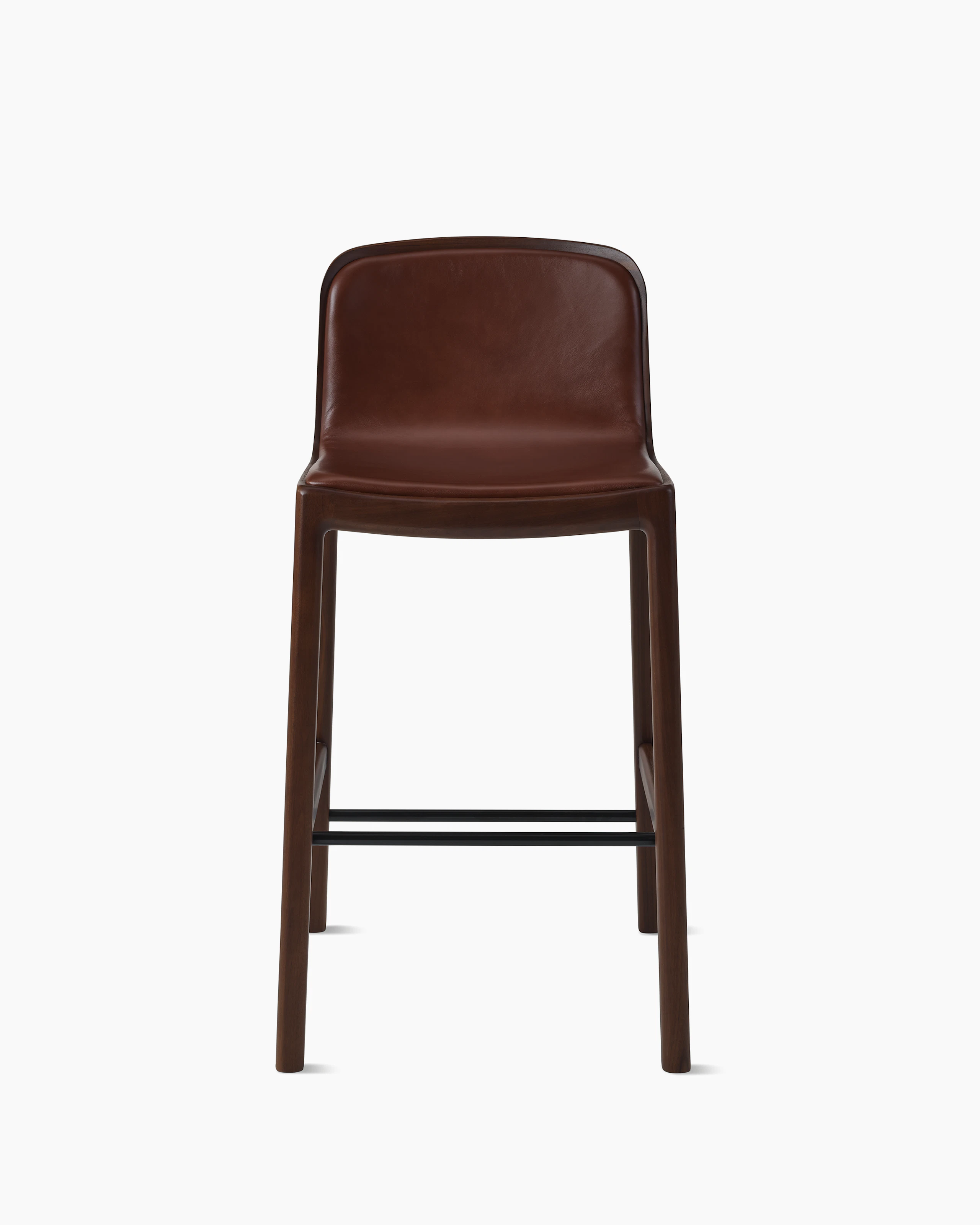 Lijn Stool by Carole Baijings for Geiger in Persian Walnut frame upholstered with Maharam Hue Leather in Bittersweet, front view on a white sweep.