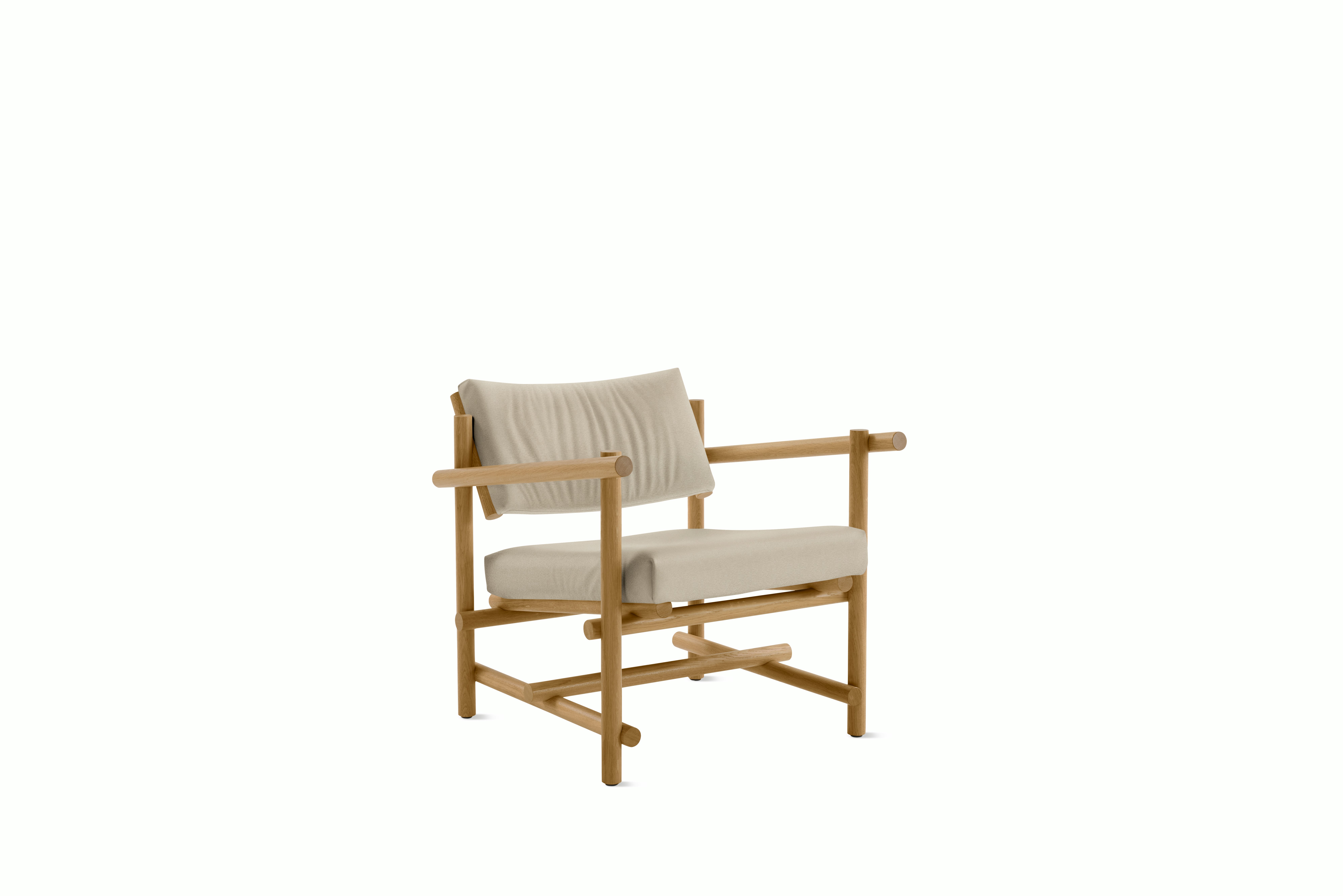 A Muecke Lounge Chair in Light Grey White Oak viewed from an angle.