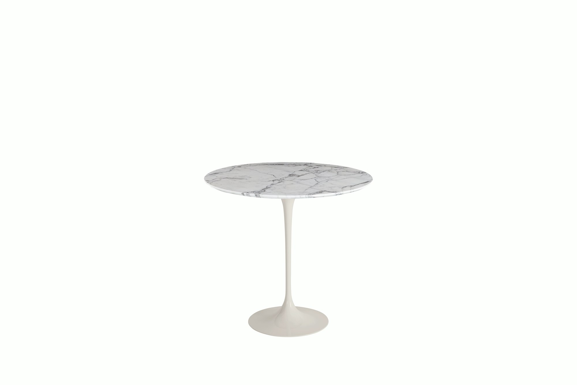 A Saarinen Side Table in Arabescato viewed from the front.