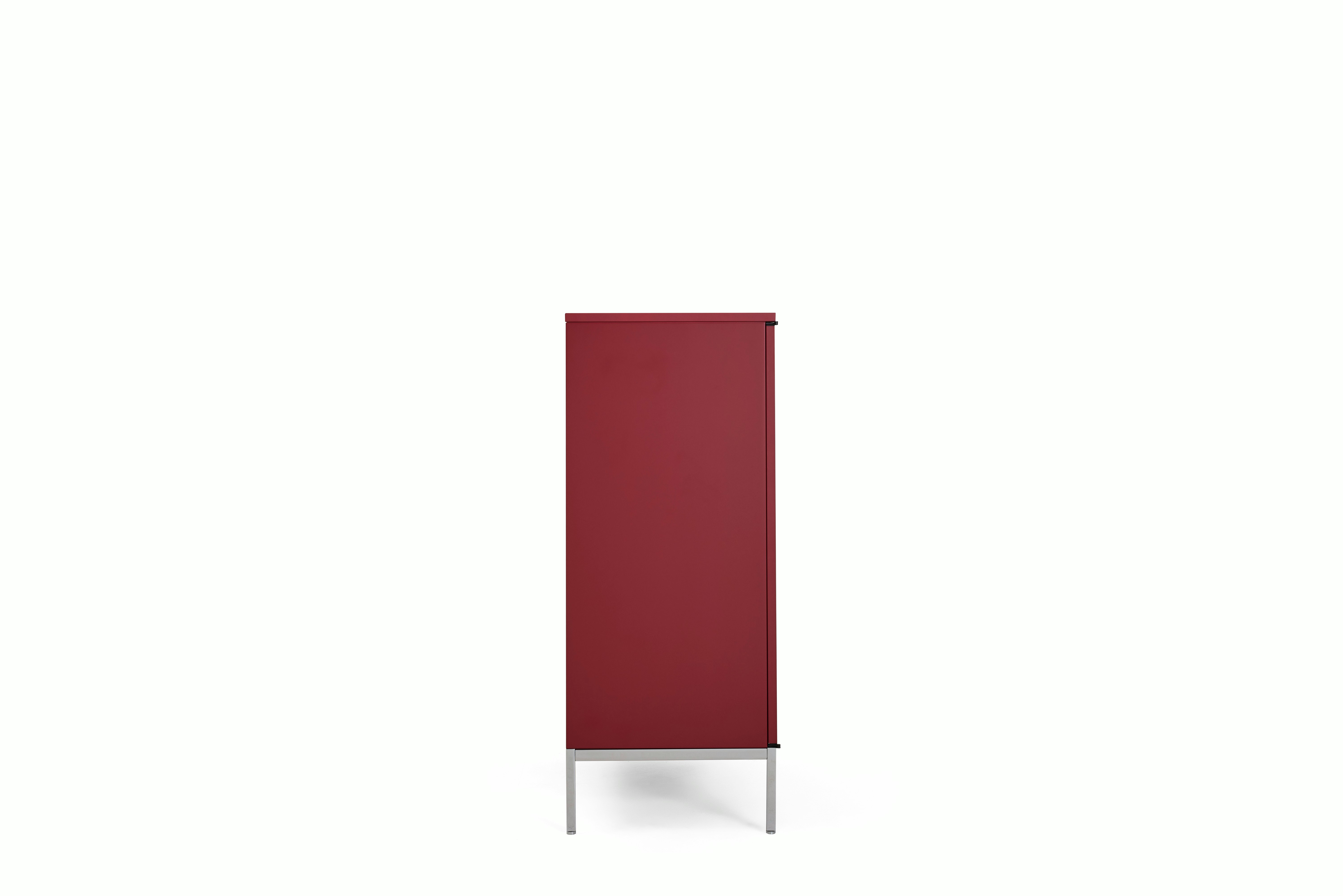 A Florence Knoll Credenza in Tall, Dark Red Lacquer, Lacquer, Dark Red Lacquer viewed from the side.