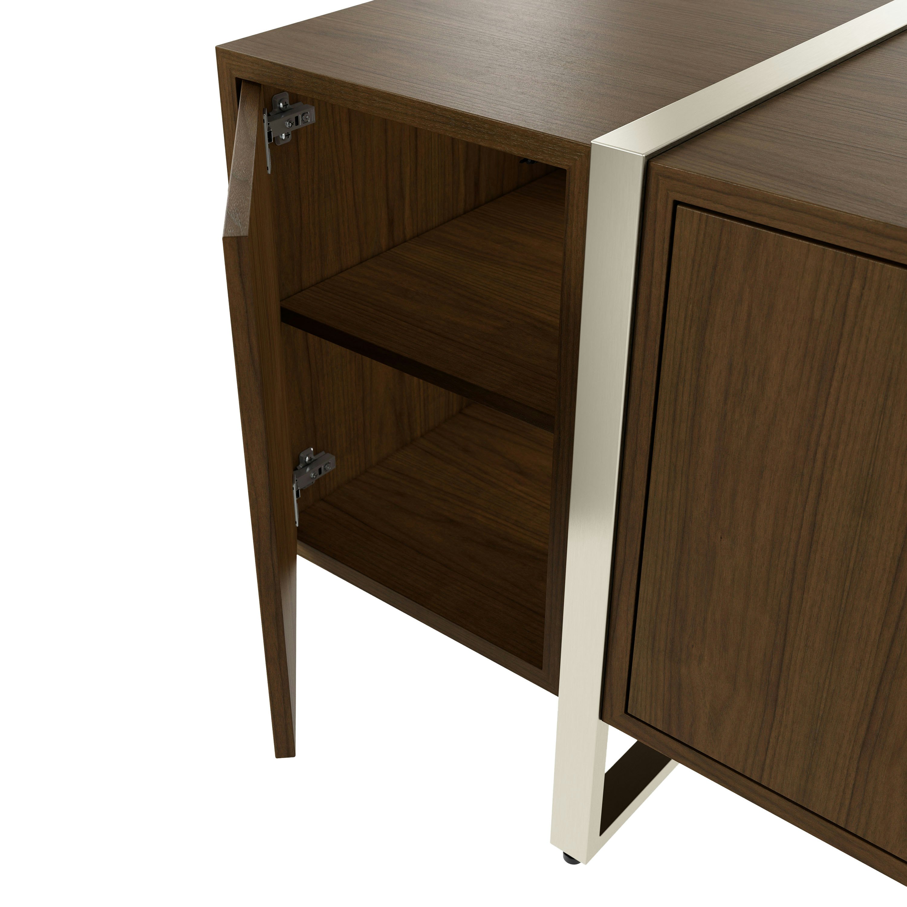 Detail shot of open hinged door on Highline Credenza in Natural Flat Cut Walnut with Satin Nickel Legs.
