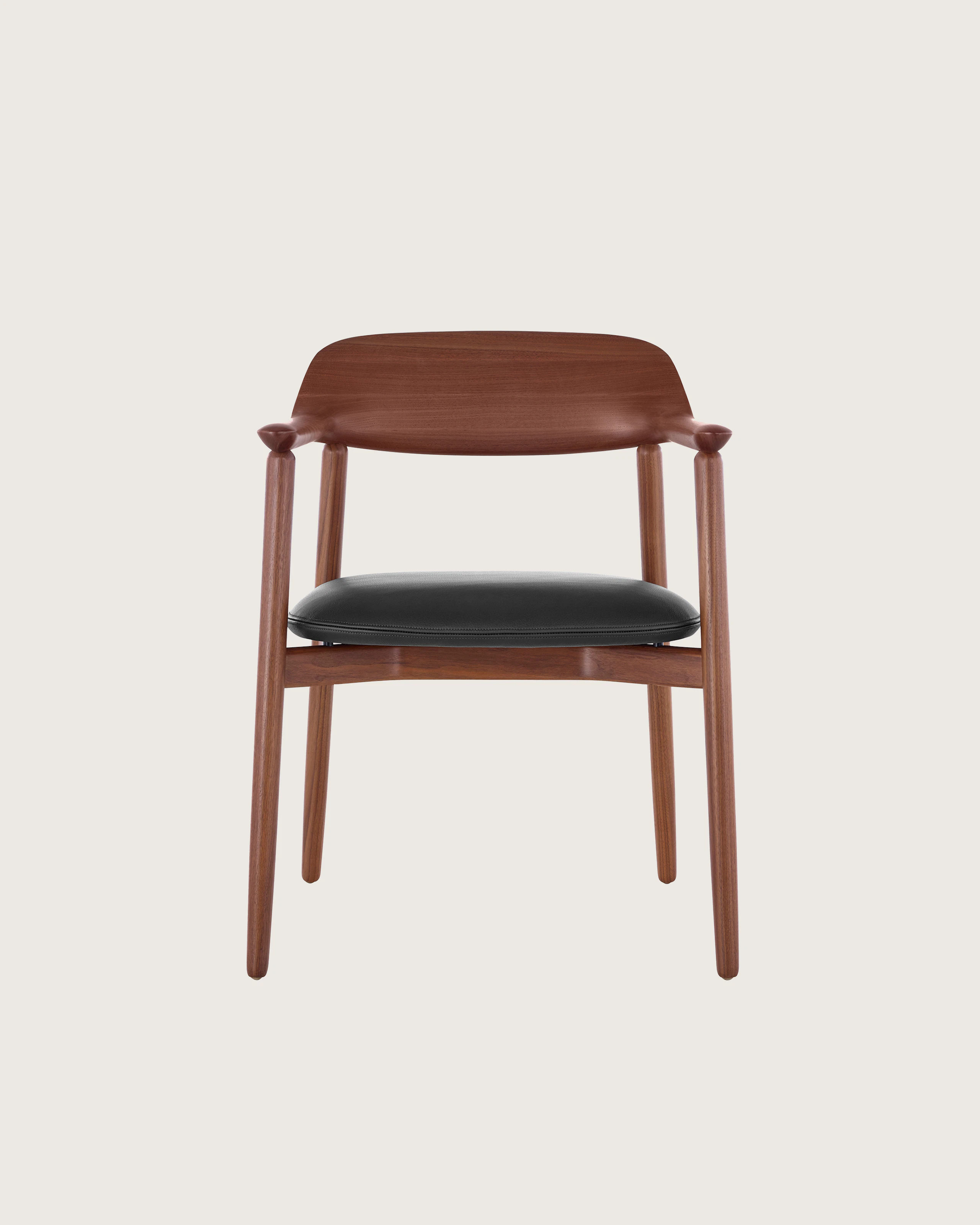 A Crosshatch Side Chair with a black leather seat pad and a wood frame in a medium finish, viewed from the front.