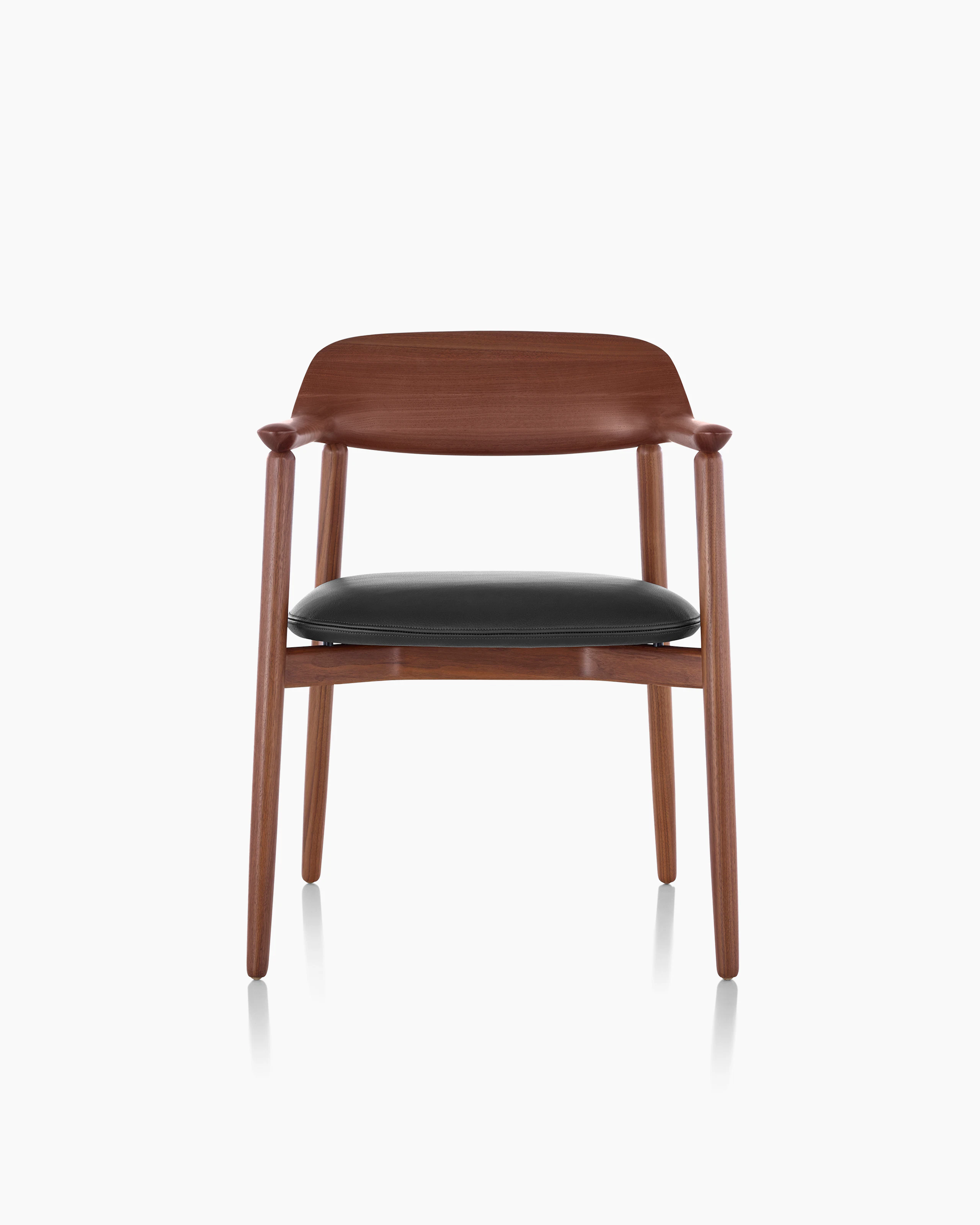 A Crosshatch Side Chair with a black leather seat pad and a wood frame in a medium finish, viewed from the front.