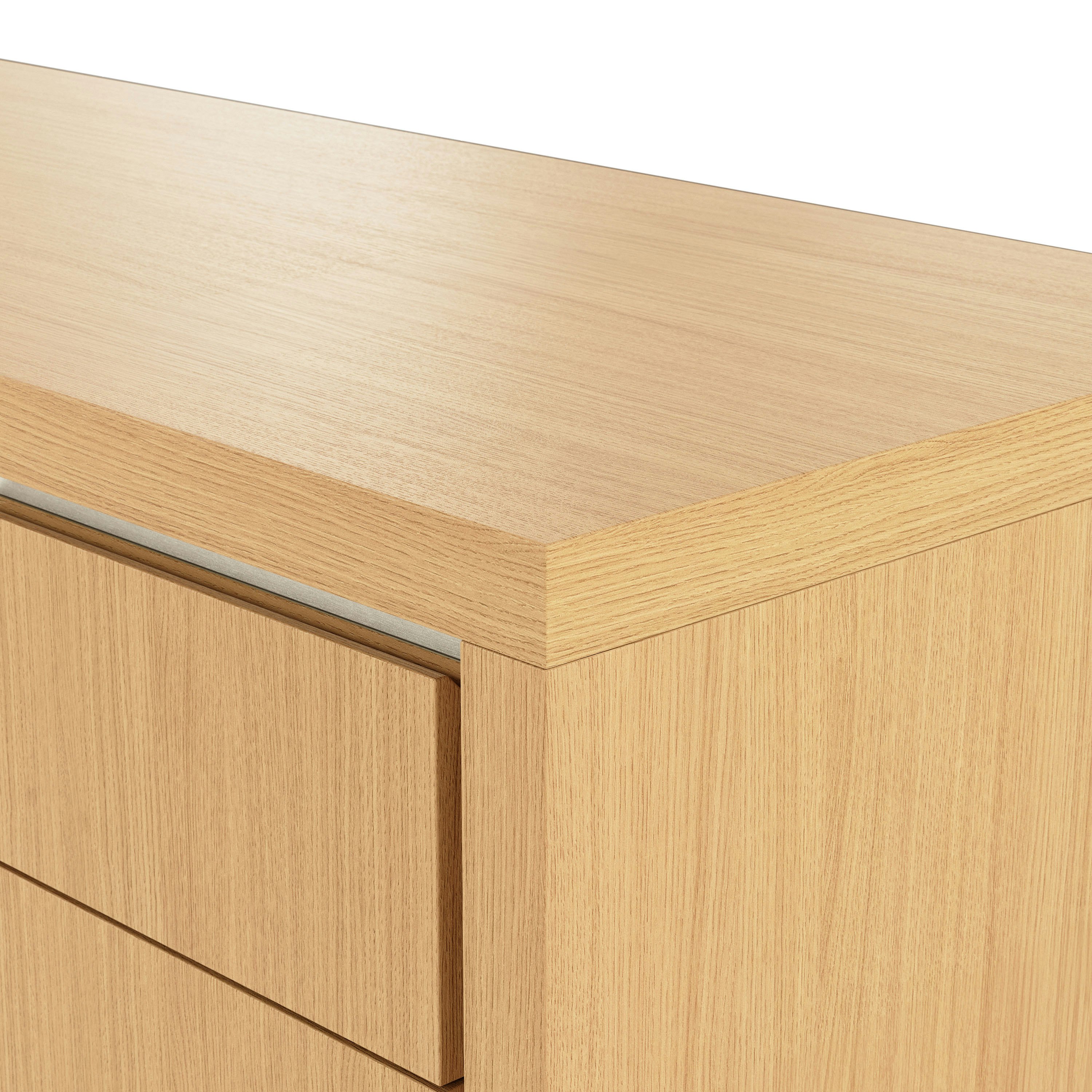 Edge detail shot of Highline Fifty Credenza in Natural Rift Cut Oak with Satin Nickel trim.