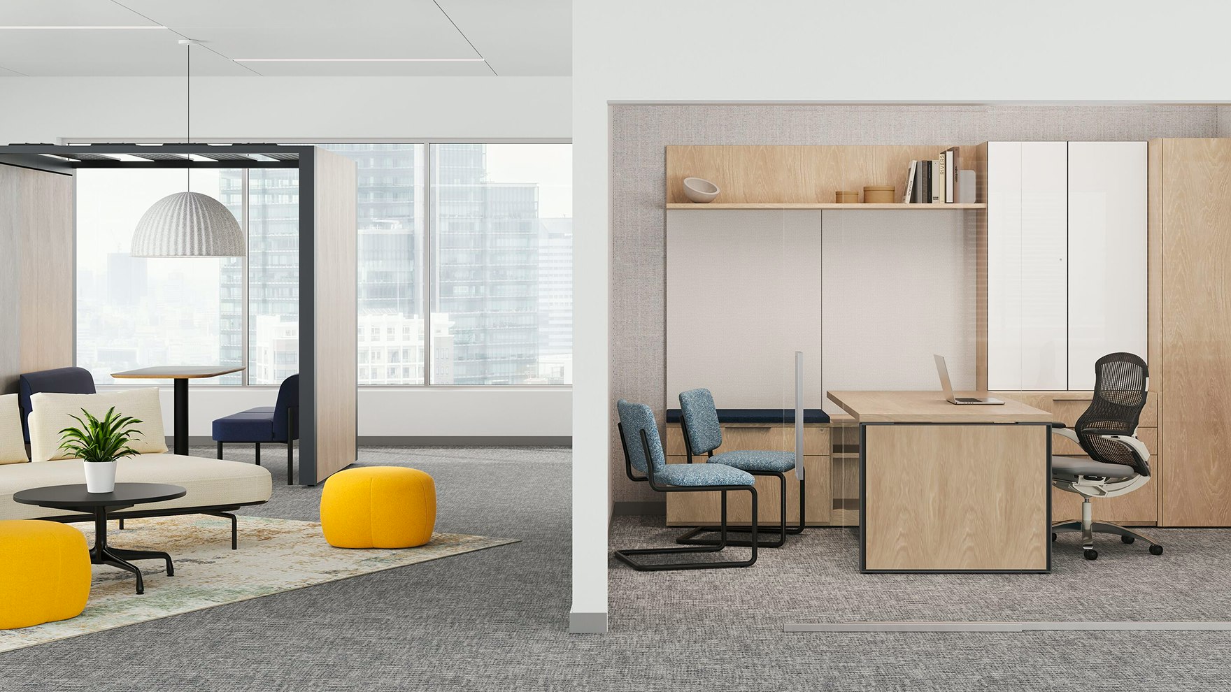 Office space furnished with a Generation Chair by Knoll,  two blue Knoll Cesca Chairs, and yellow NaughtOne Truffle Poufs.