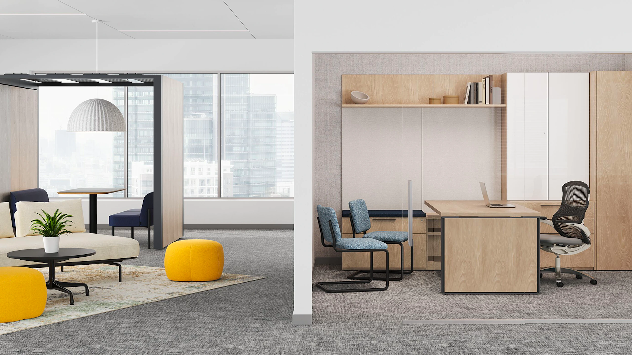 Office space furnished with a Generation Chair by Knoll, two blue Knoll Cesca Chairs, and yellow NaughtOne Truffle Poufs.