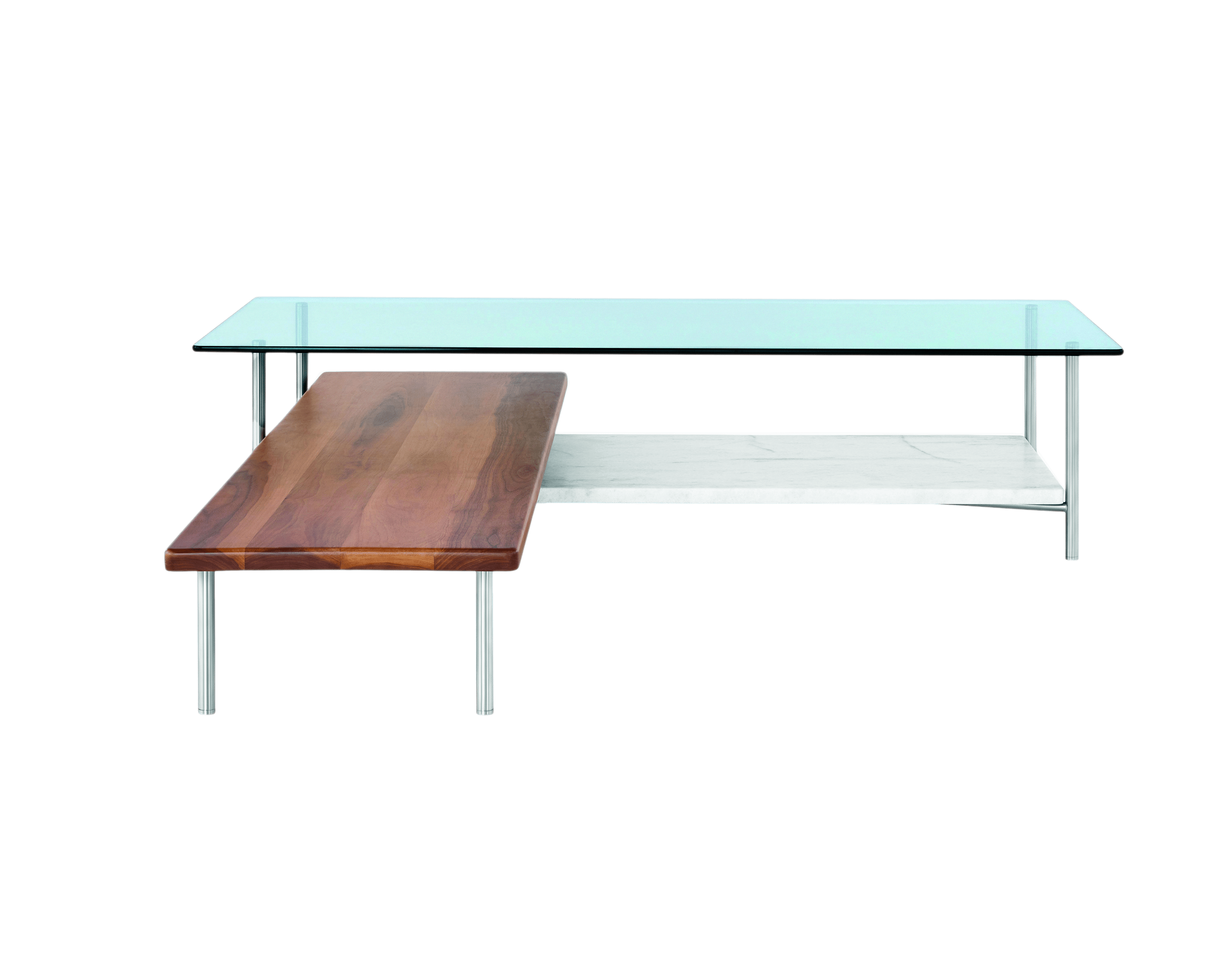 Layer Table, Glass, White Marble Shelf, Walnt Nesting Table