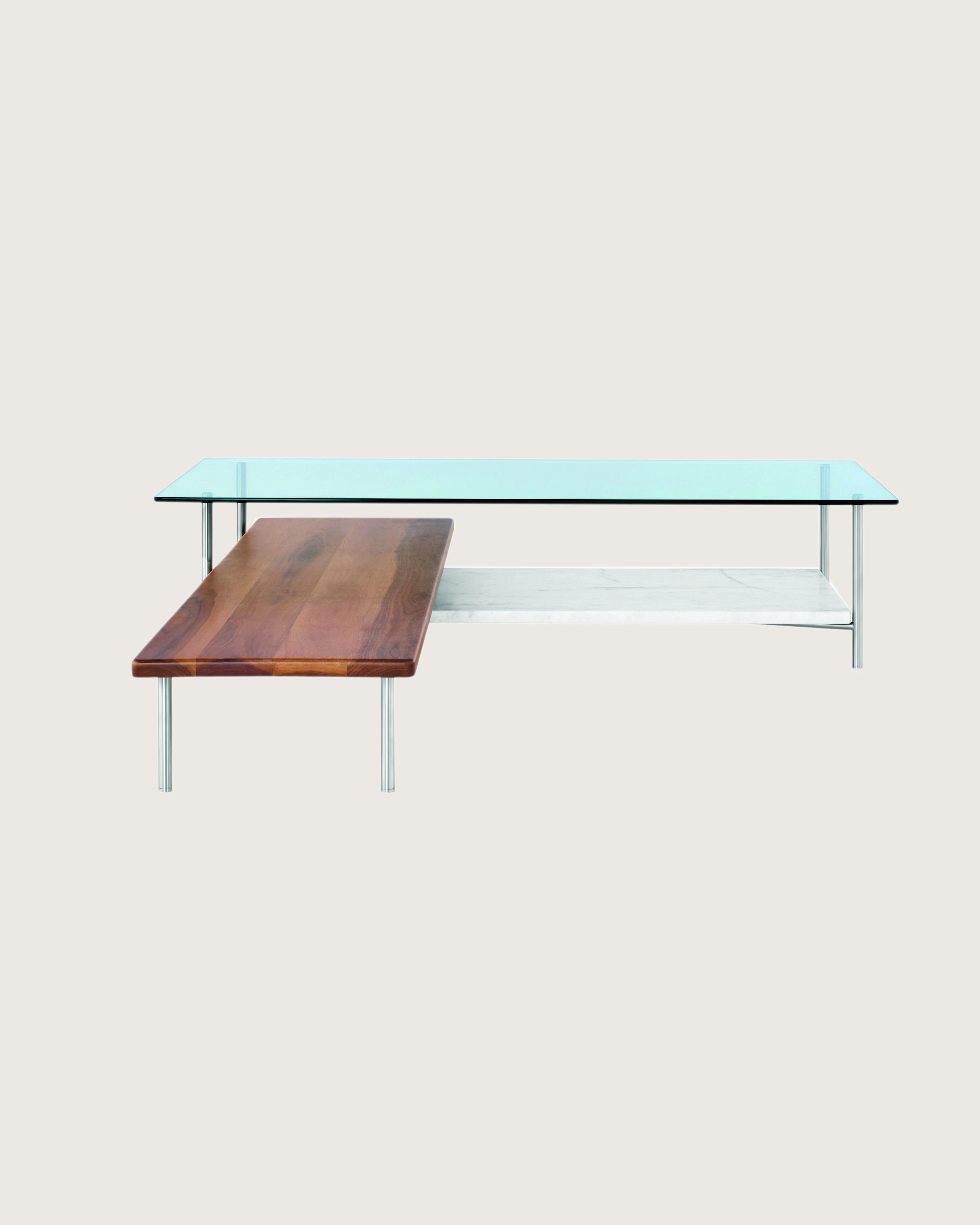 Layer Table, Glass, White Marble Shelf, Walnt Nesting Table