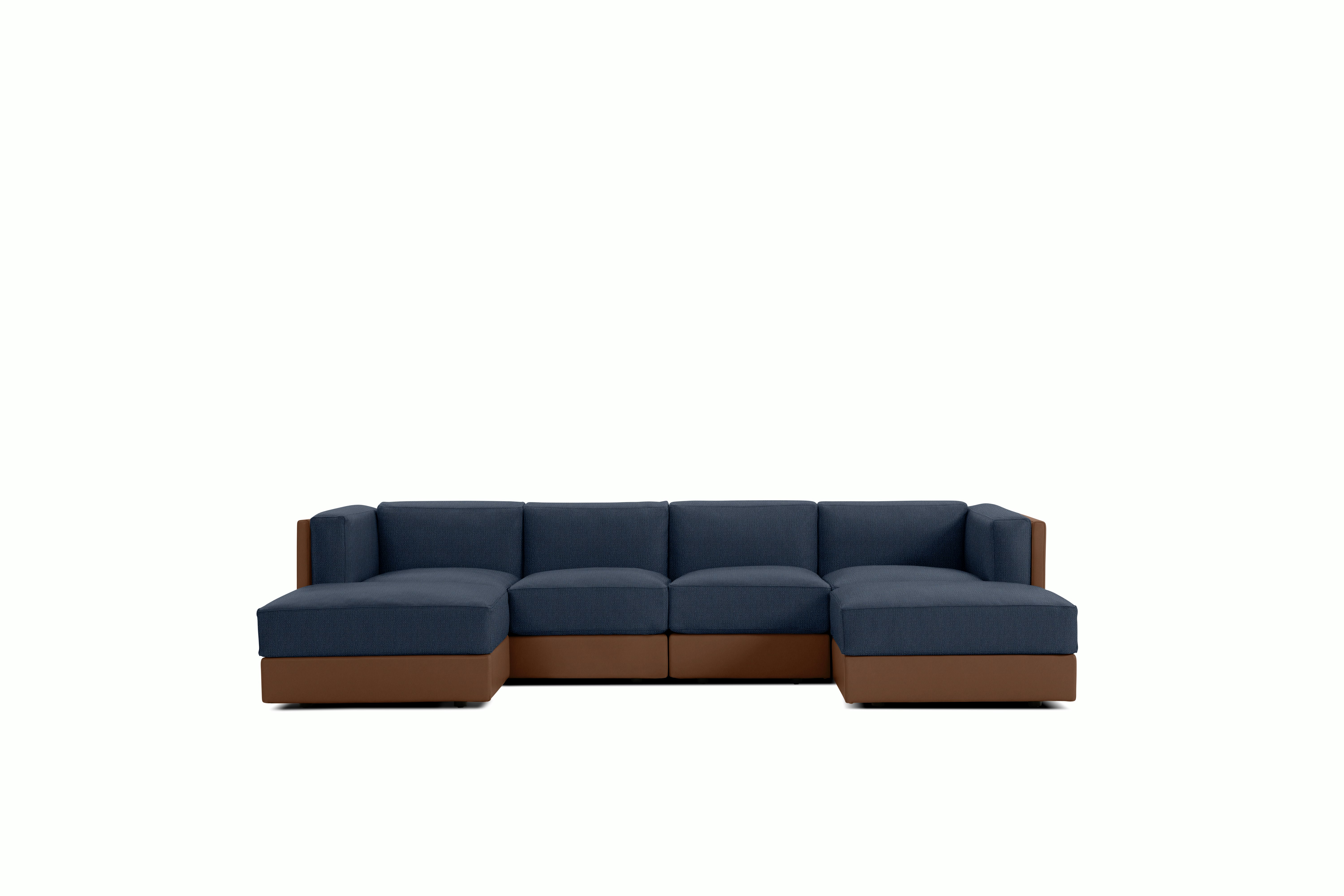 Symme Double Chaise Sectional - Leather Frame,  Prone Leather,  Ledge,  Pebble Weave,  Lapis