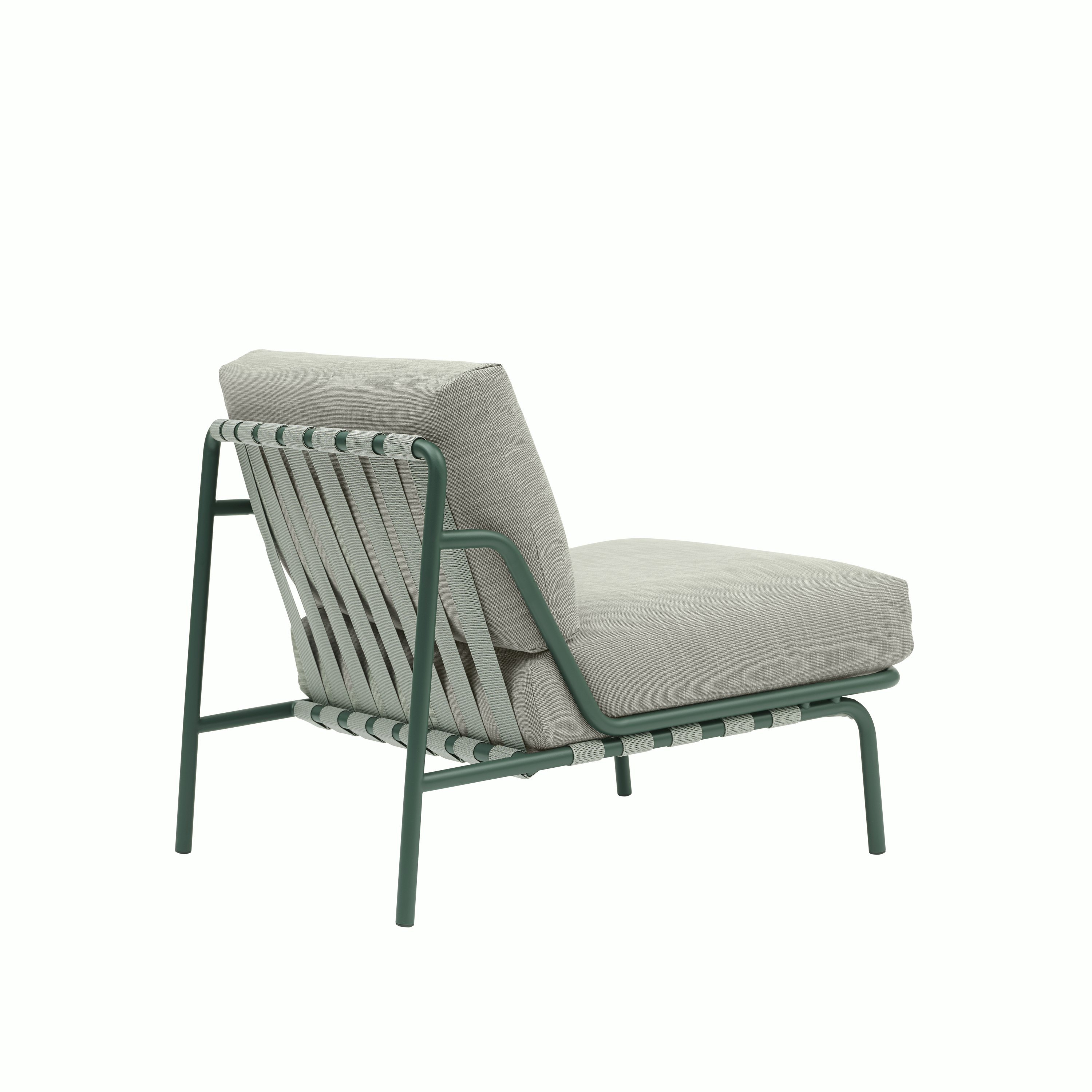 A Settle Lounge Chair in Ribbed Weave 2, Dark Green viewed from behind at an angle.