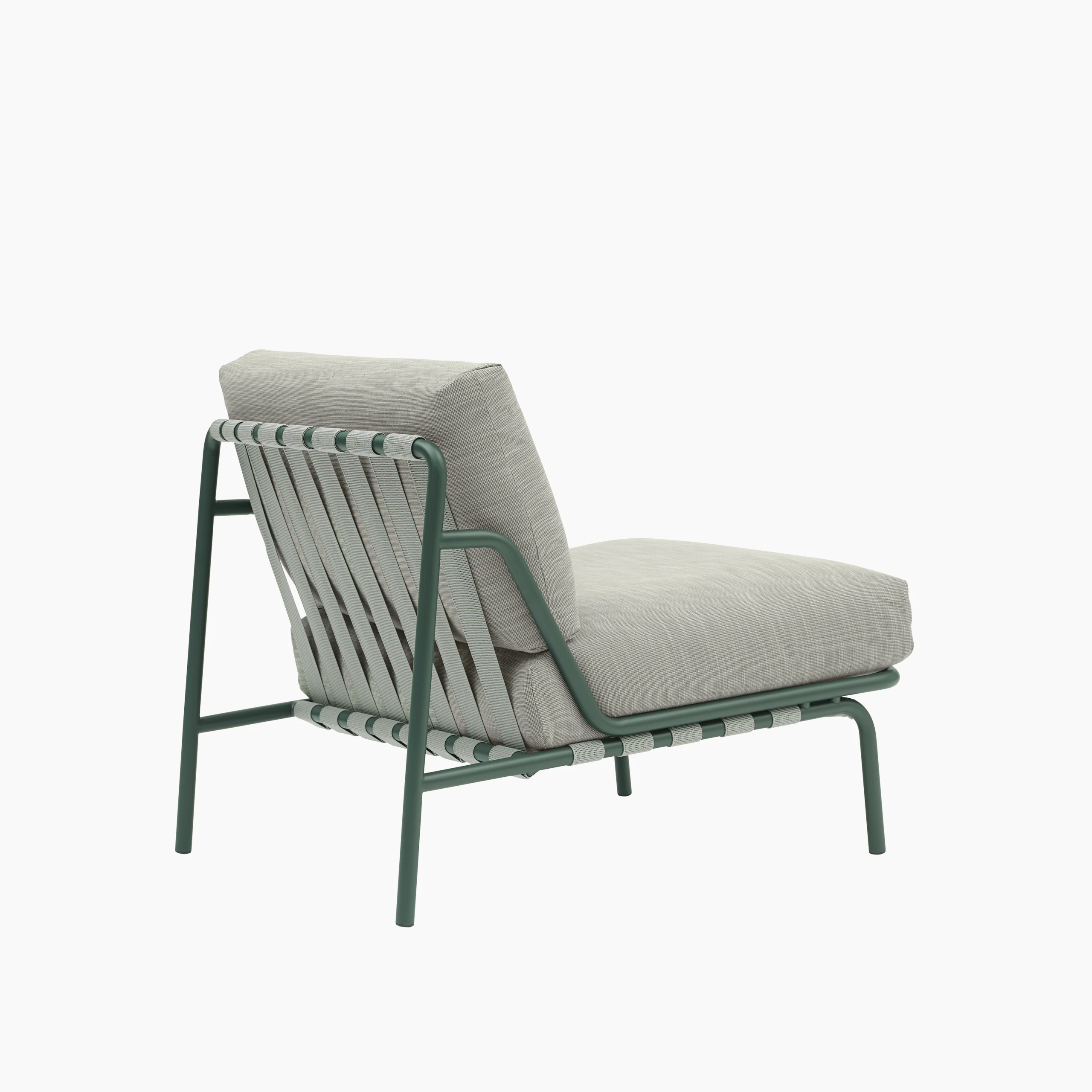 A Settle Lounge Chair in Ribbed Weave 2, Dark Green viewed from behind at an angle.