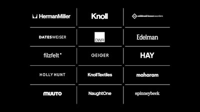 A grouping of white logos belonging to brands within the MillerKnoll collective, including DatesWeiser, Edelman, HAY, DWR, Geiger, Knoll Textiles, Knoll, Herman Miller, Colebrook Bosson Saunders, Muuto, maharam, Spinneybeck Filzfelt, and HOLLY HUNT.