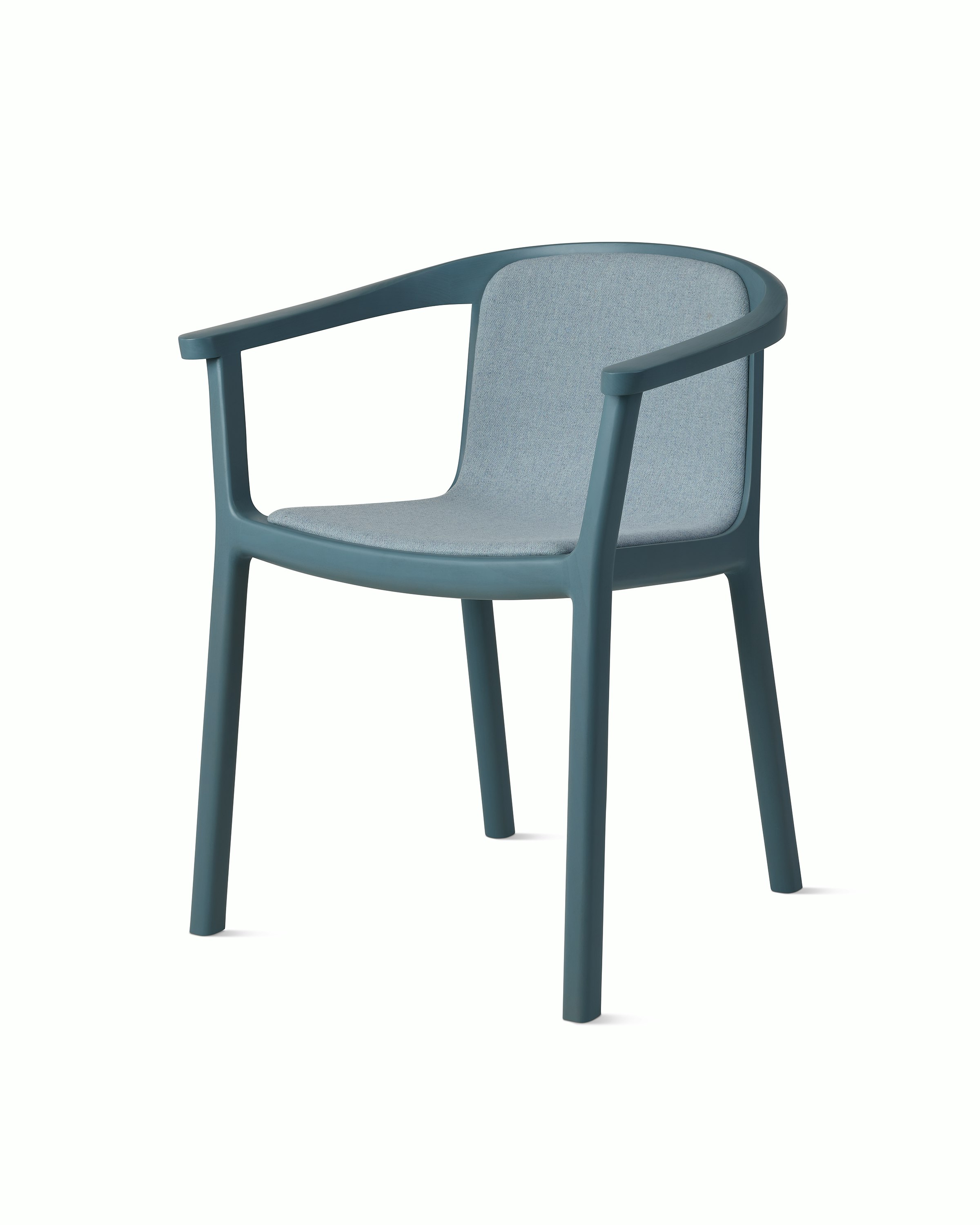 Lijn Armchair by Carole Baijings for Geiger in Nordic Blue frame upholstered with Maharam Luce in Brine, angled front view on a white sweep.