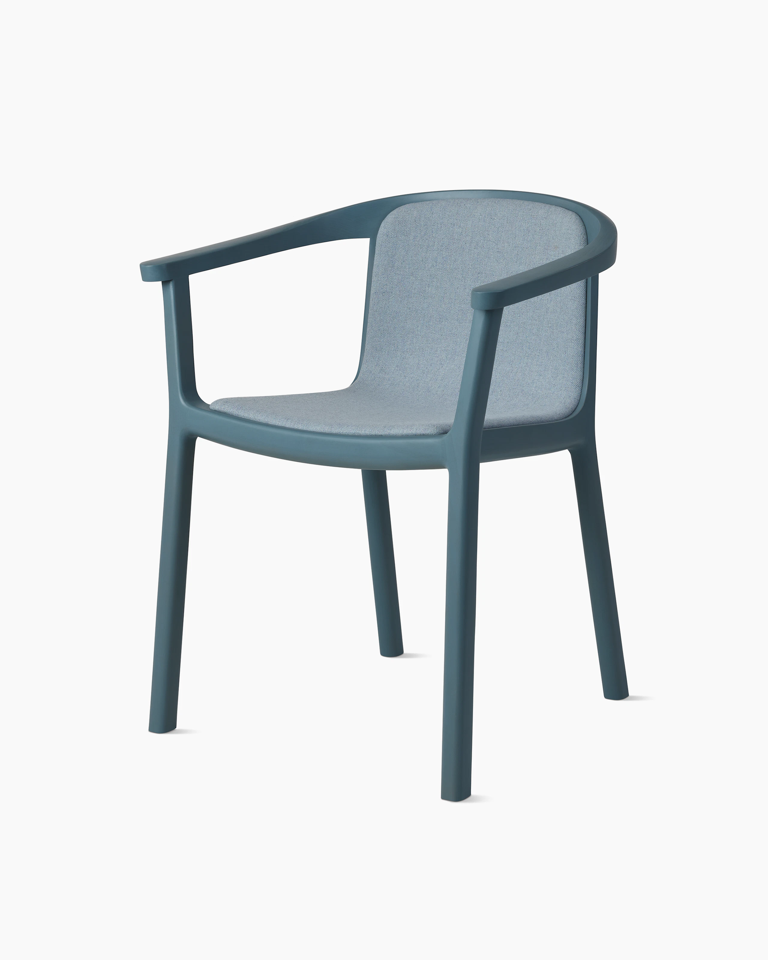 Lijn Armchair by Carole Baijings for Geiger in Nordic Blue frame upholstered with Maharam Luce in Brine, angled front view on a white sweep.
