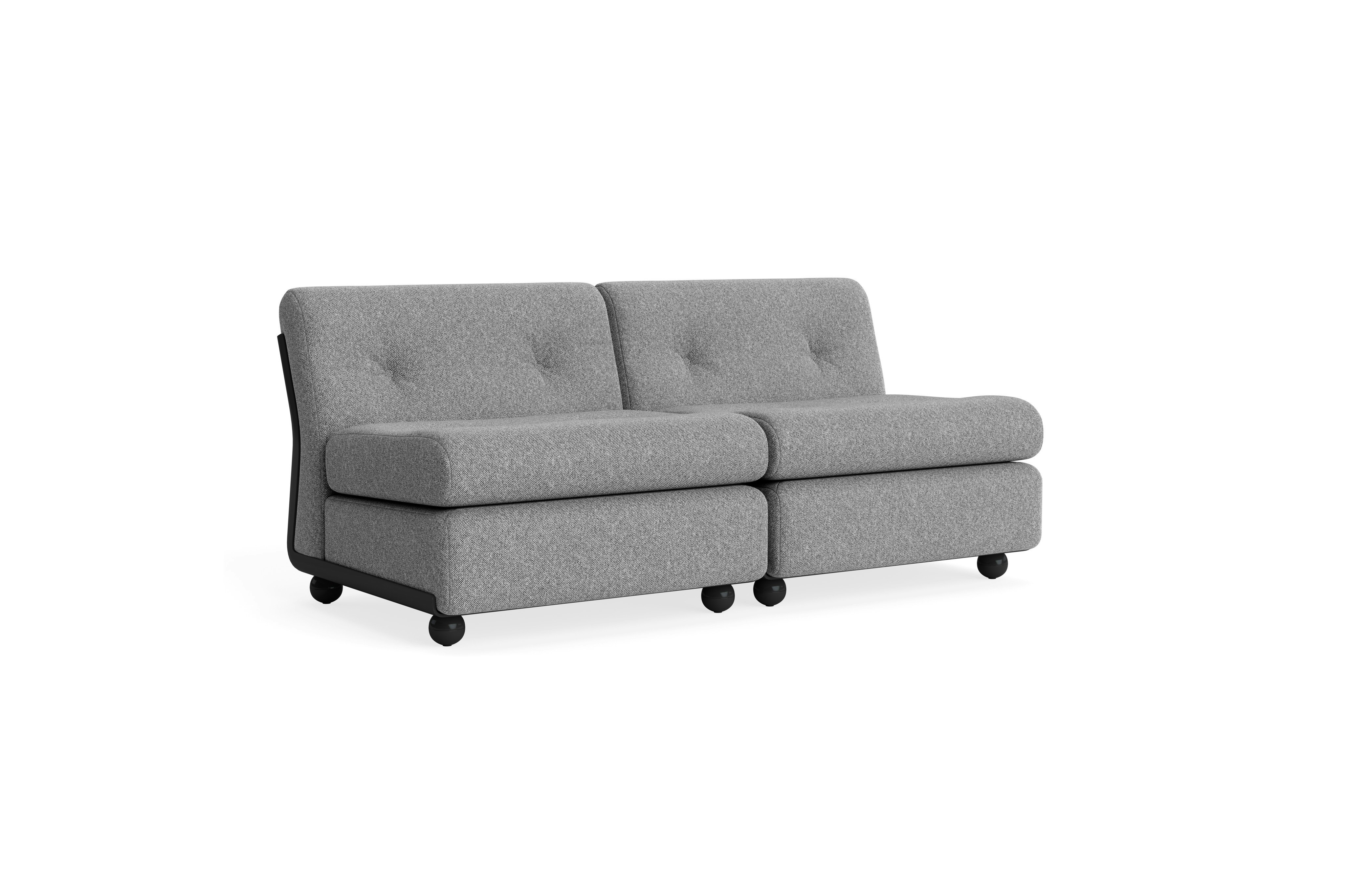 Two-seat gray upholstered Amanta sofa with plush seat and back, shown from front angle.