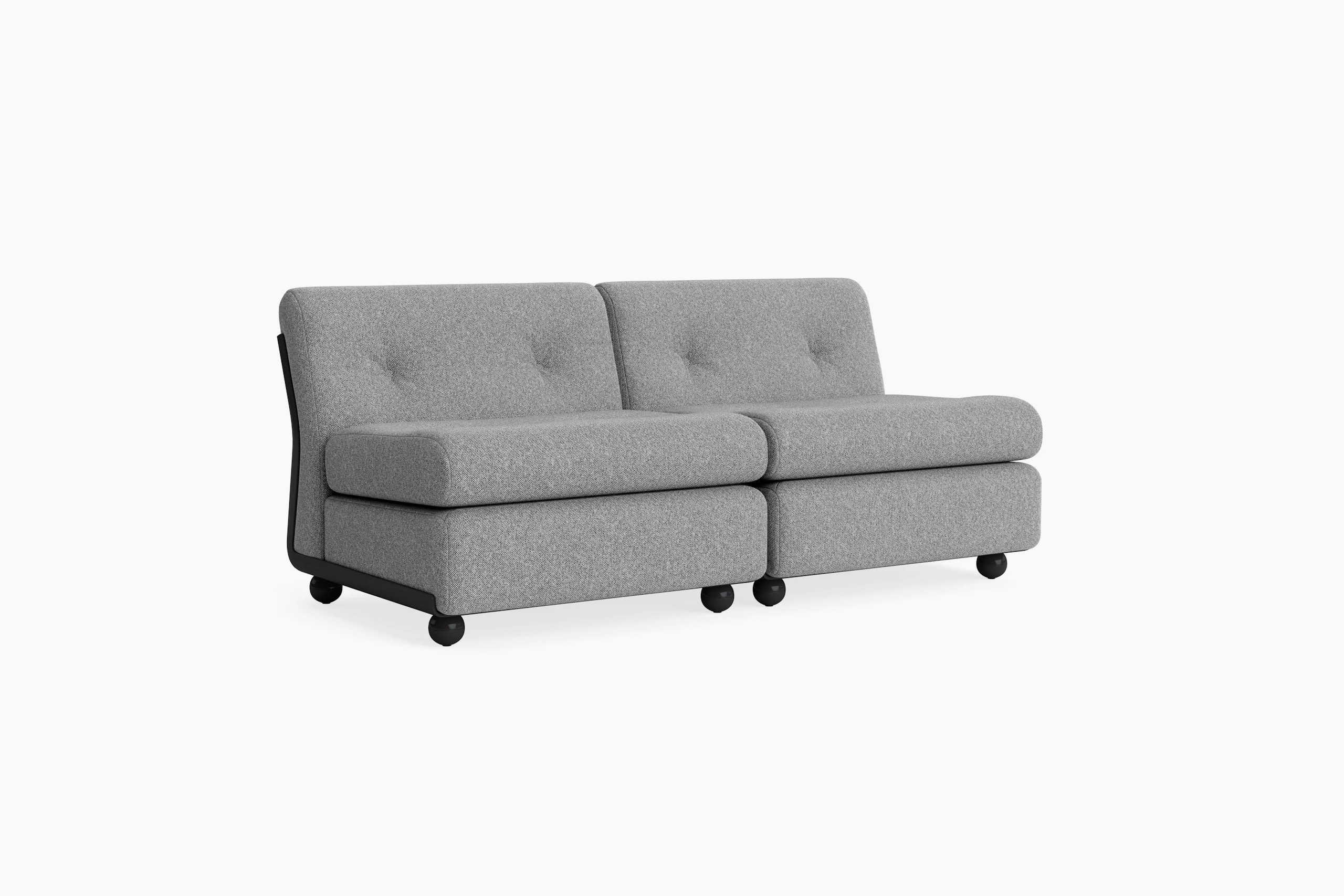 Two-seat gray upholstered Amanta sofa with plush seat and back, shown from front angle.
